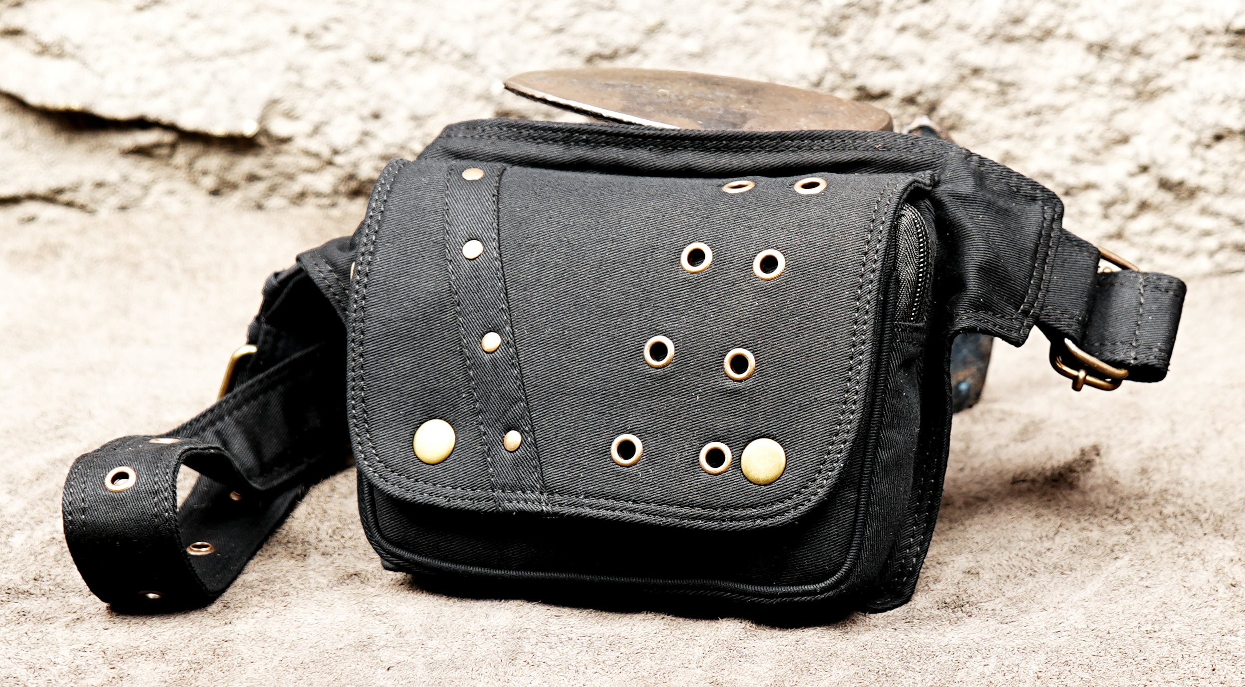 Cotton festival waist bag with antique brass hardware and front pouch
