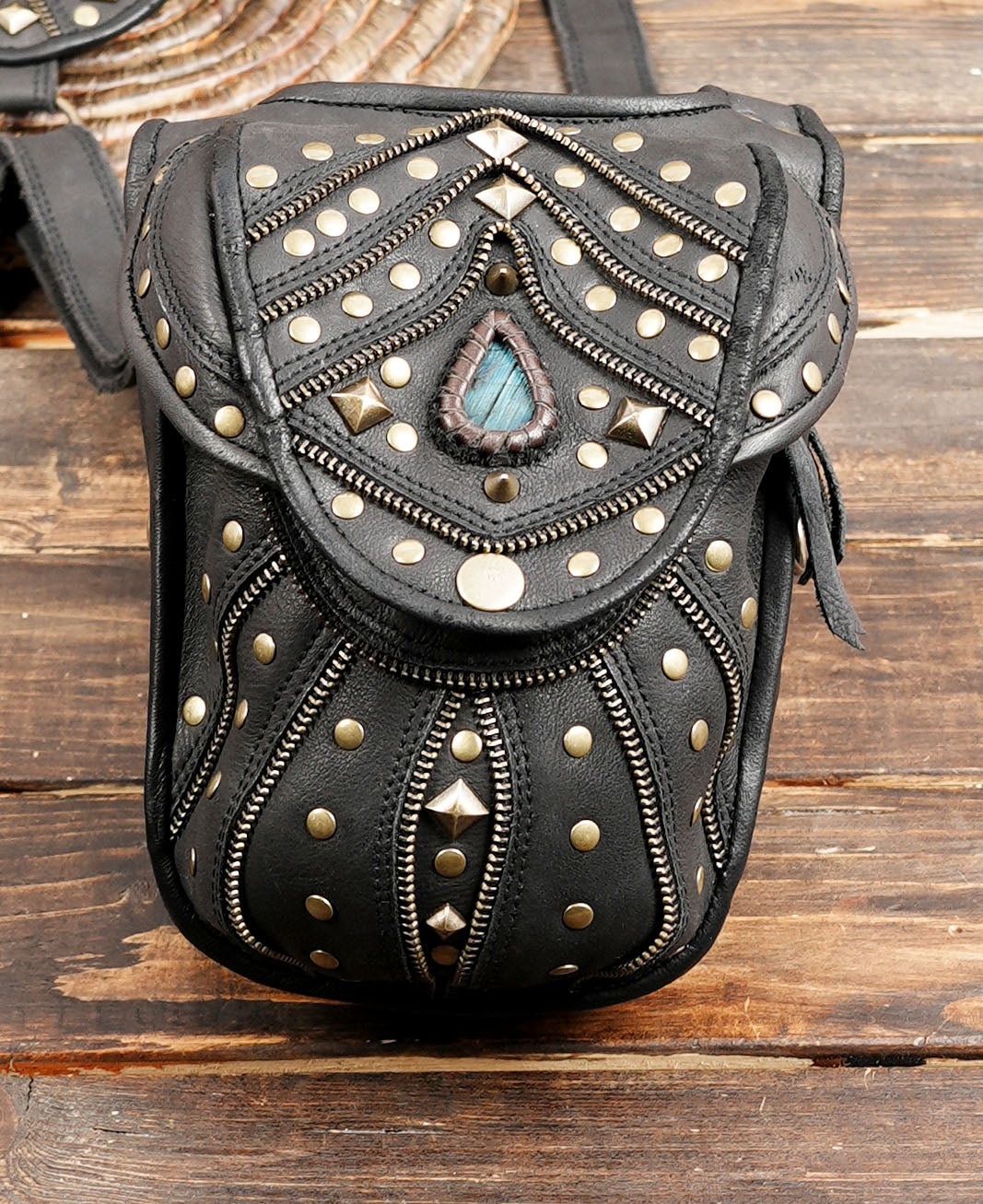 Handcrafted Leather Holster with Labradorite Stone Accents || Boho Style Leather Dual Pouch Holster with Gemstone Detail (LT-AB-HLS-6099)