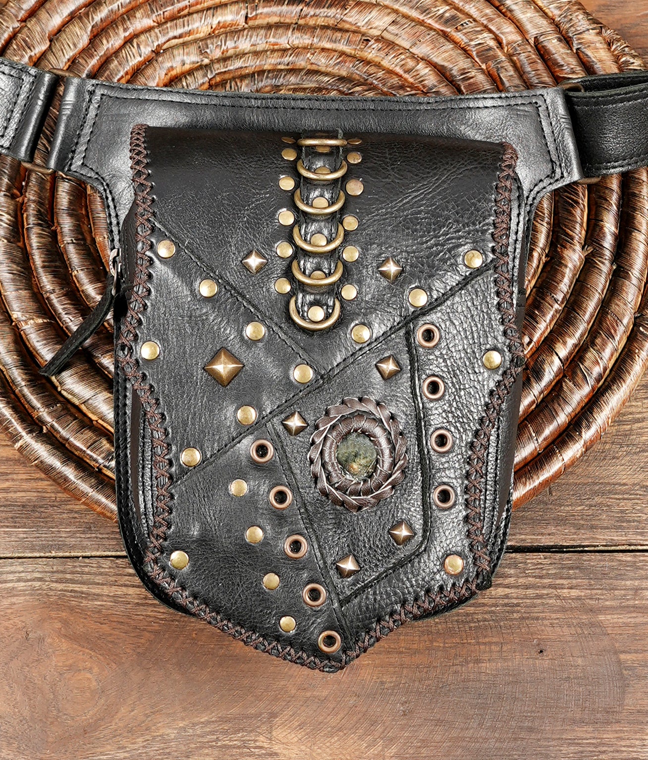 Boho leather waist belt with adjustable strap and metal stud accents