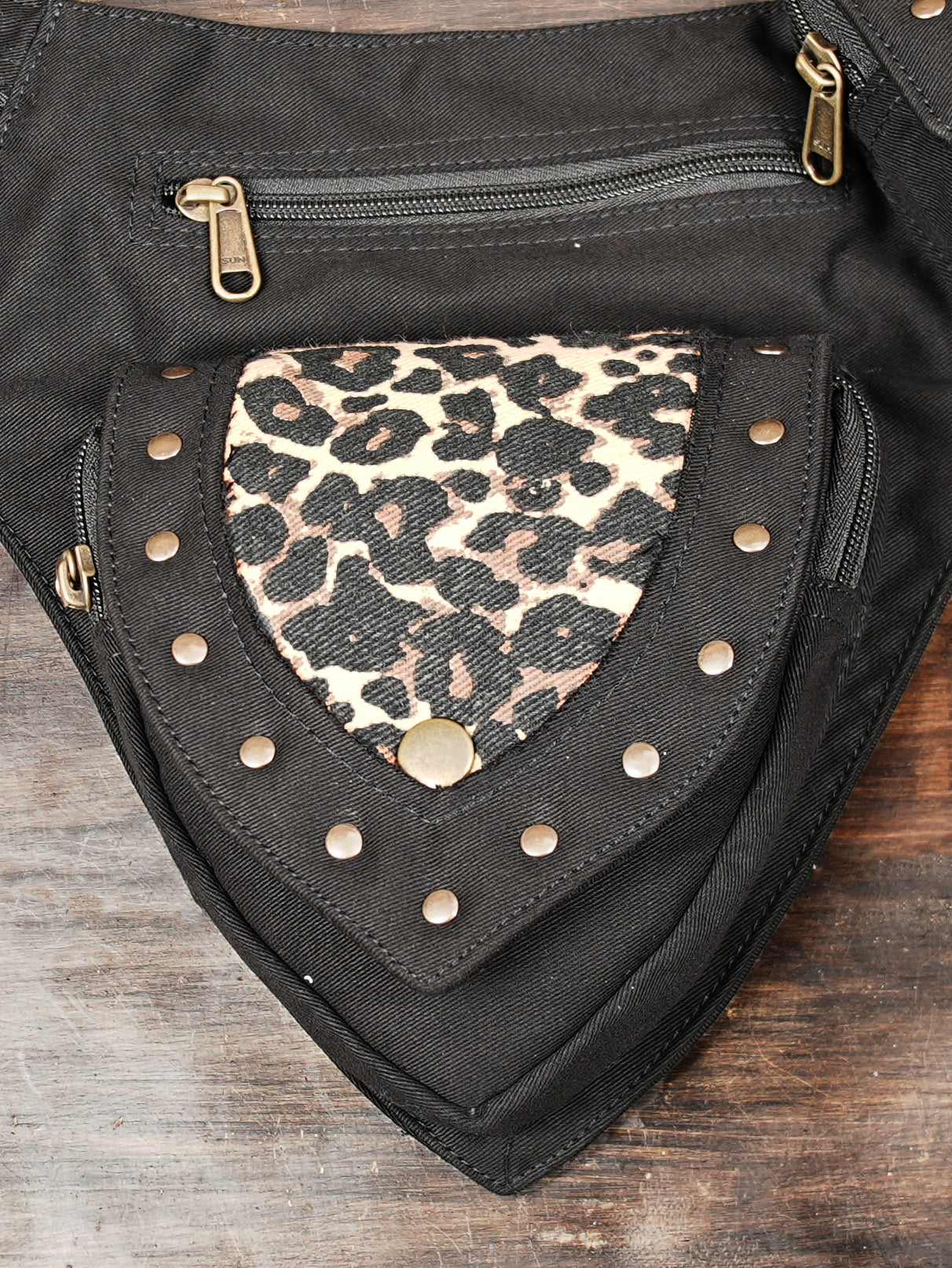 Black cotton belt bag with antique brass studs