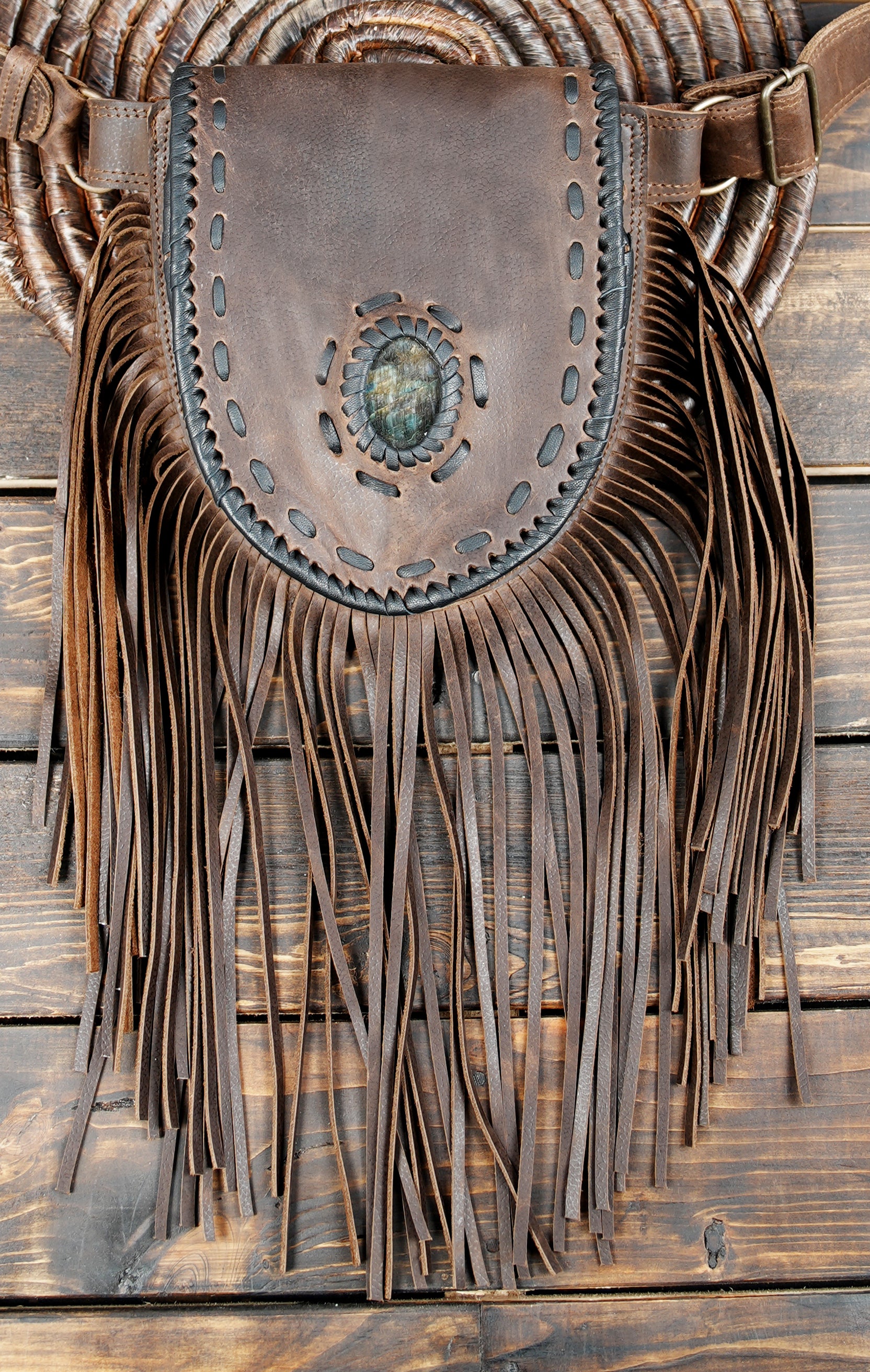 Fringe Purse With Gemstone, Handmade Leather Fringe in brown color 