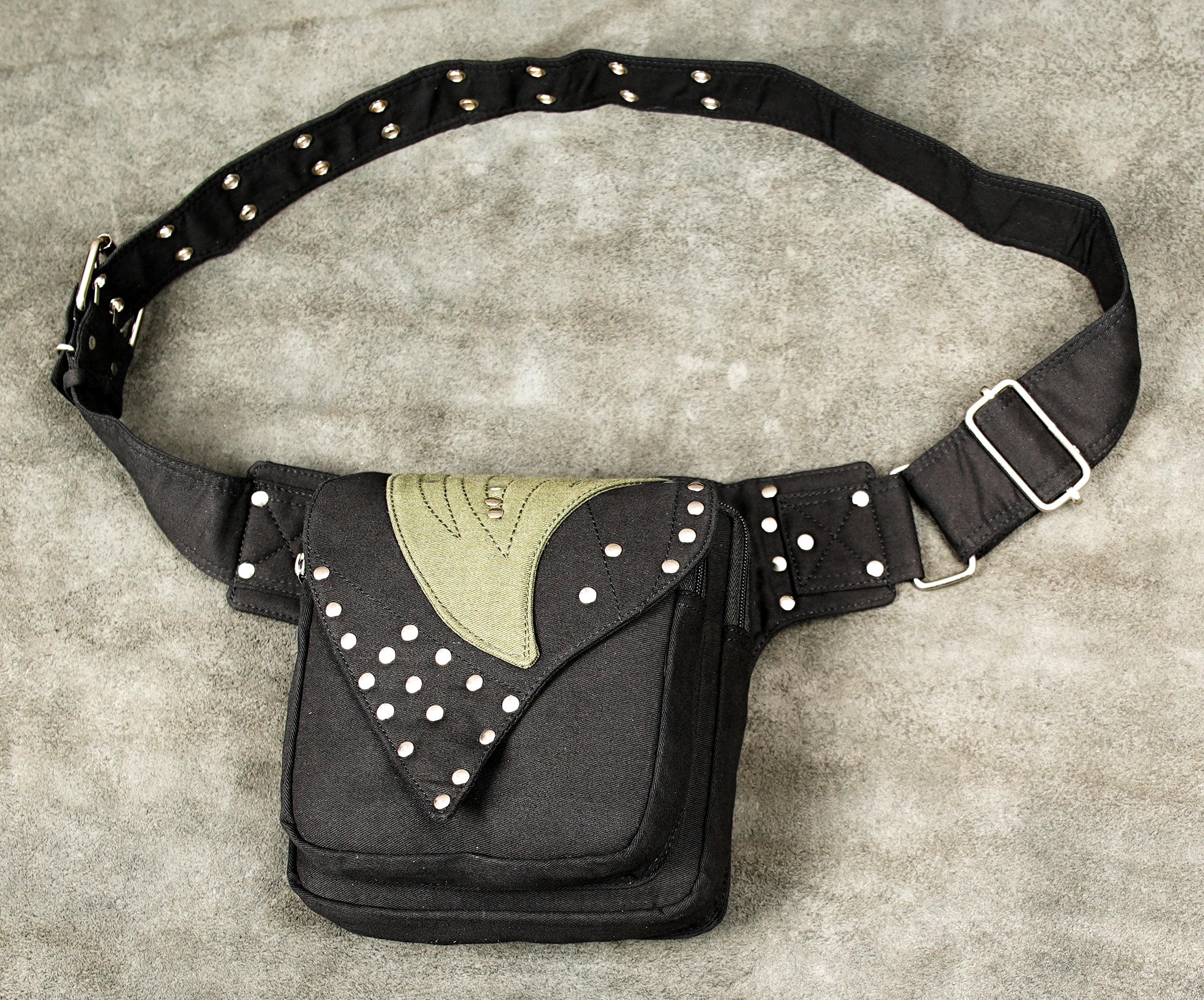 Black utility belt bag with zipper pocket and silver hardware