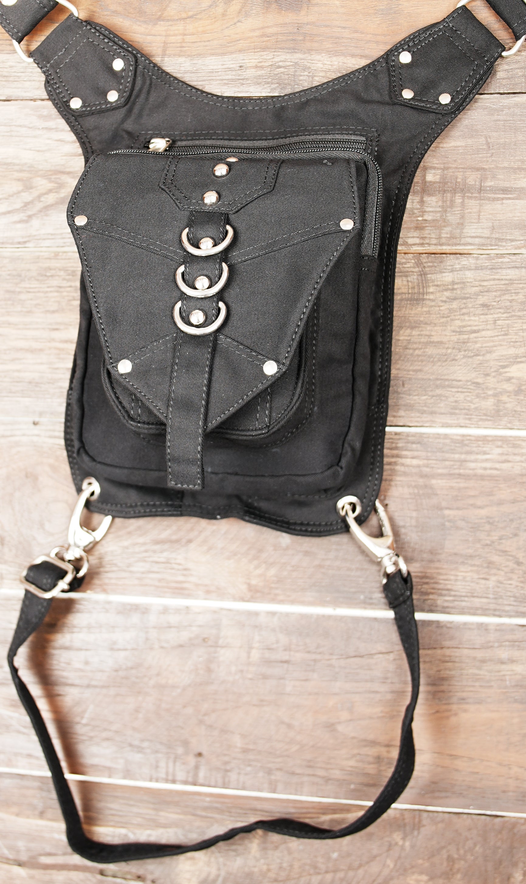 Steampunk Drop Leg Bag | Hip Holster Thigh Pouch | Black Cotton Canvas