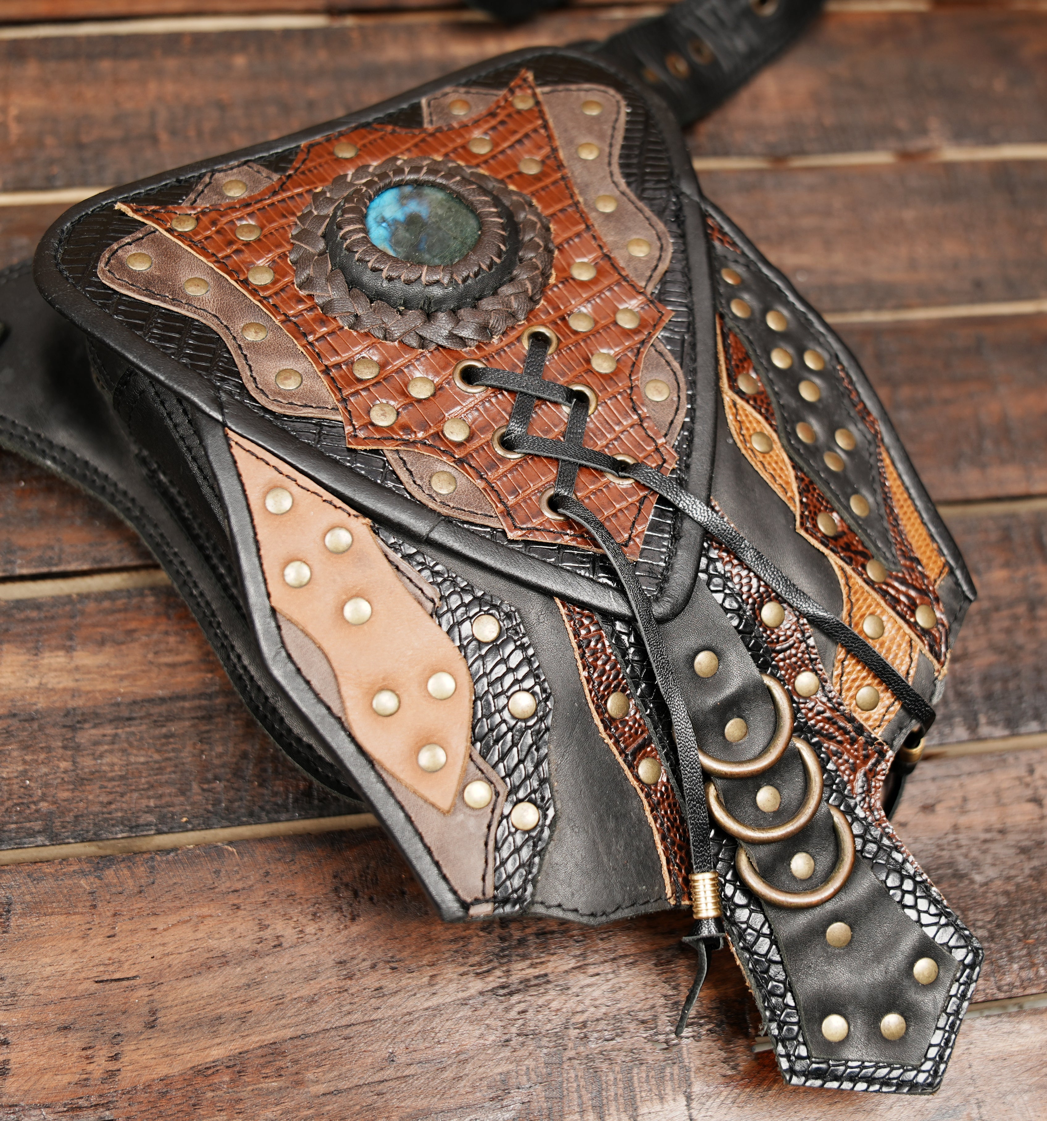 Black & Brown Leather Waist Belt with Studs – Gothic & Steampunk Accessory