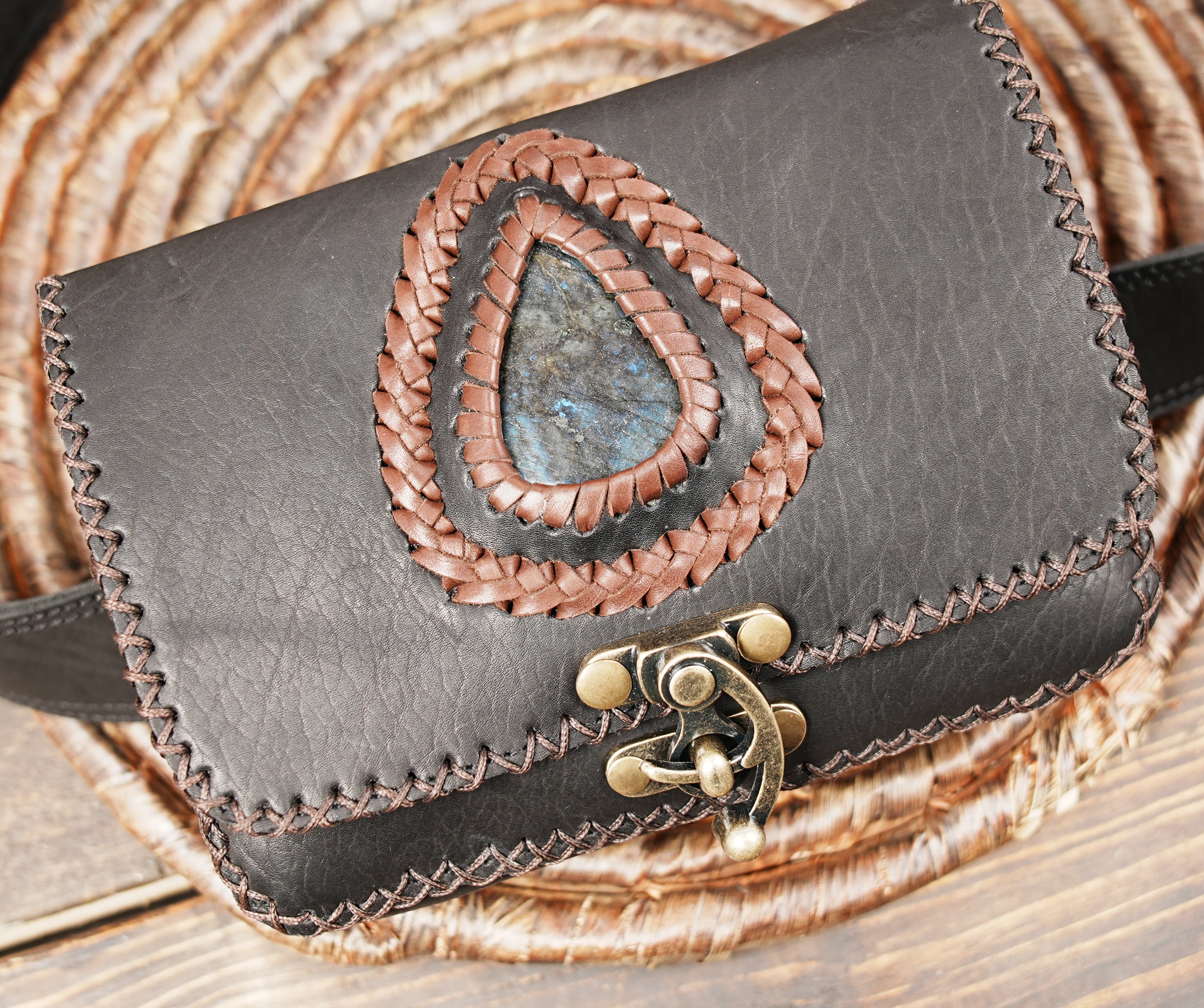 Durable handmade leather hip pouch with gemstone centerpiece