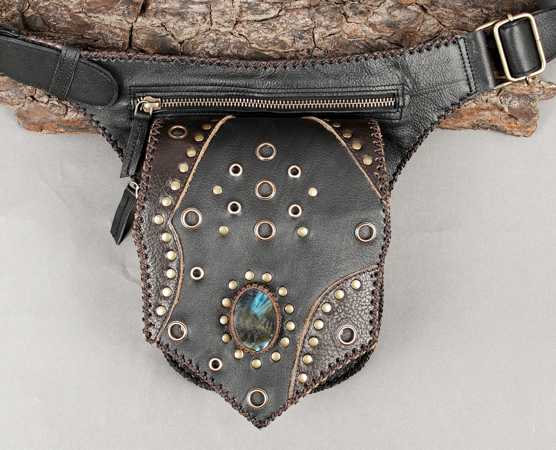 Boho leather waist belt with natural gemstone and metal studs