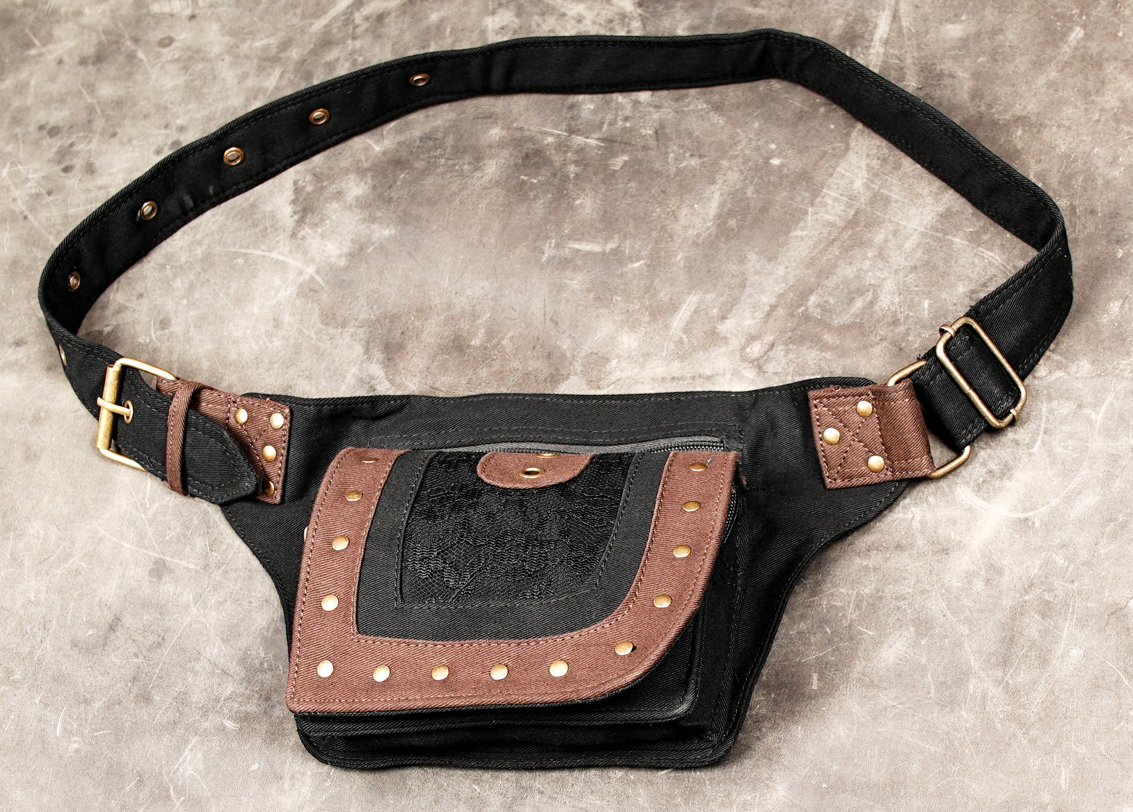 Black cotton hip pouch with multiple pockets