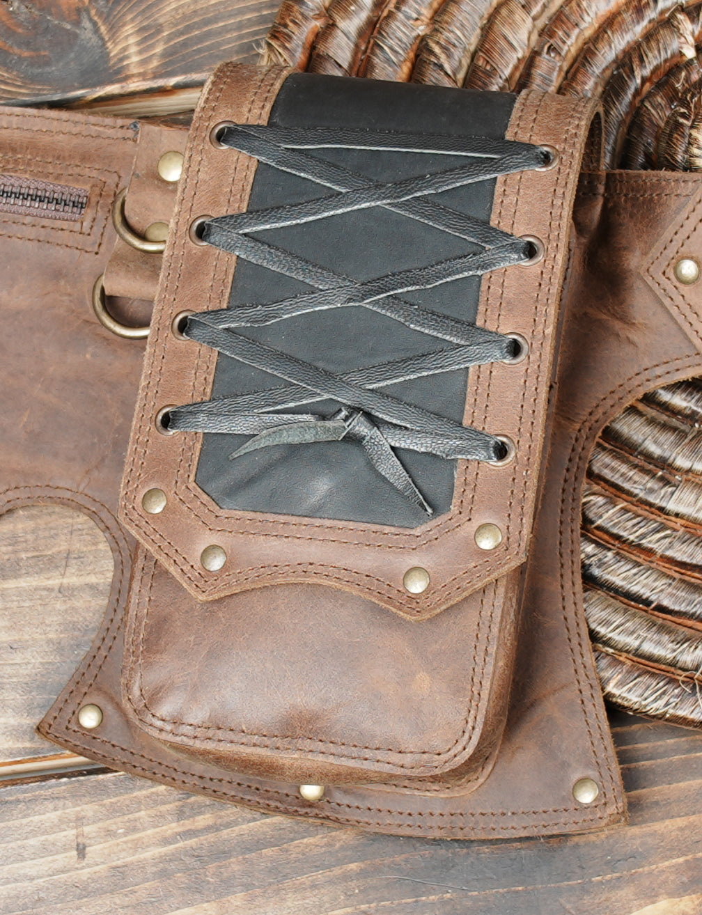Brown & Black Leather Waist Belt – Steampunk Gothic Cosplay Hip Pouch