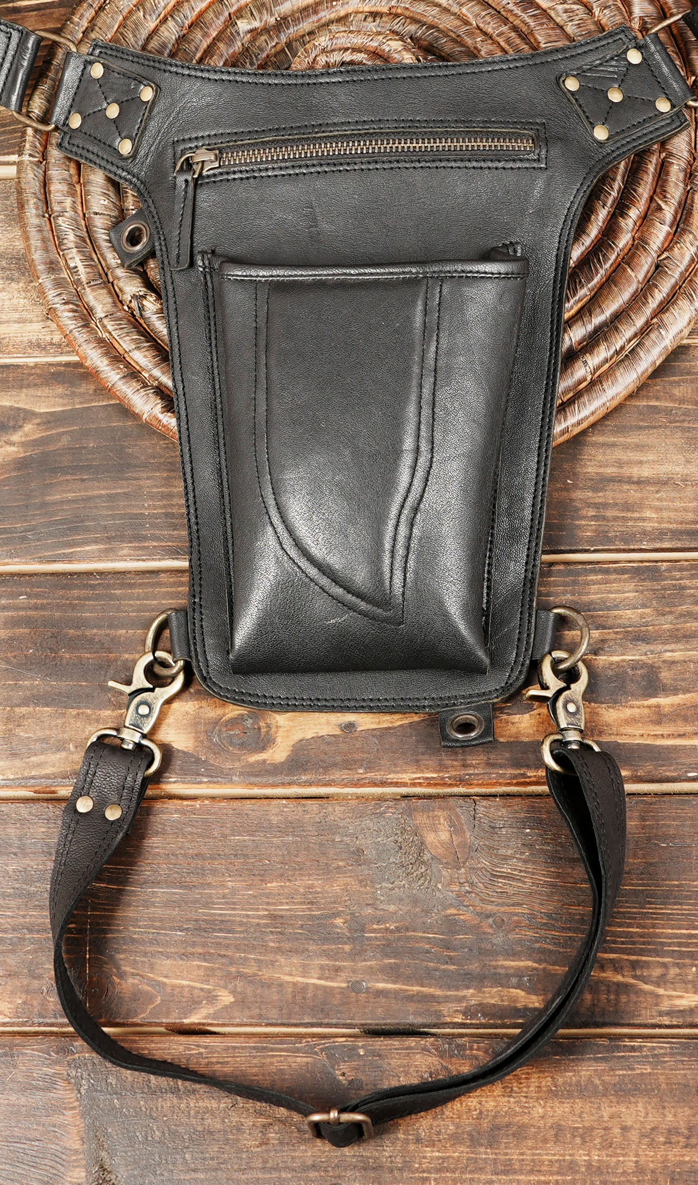 Unisex leather waist and thigh bag with rivet accents – boho and tribal festival fashion