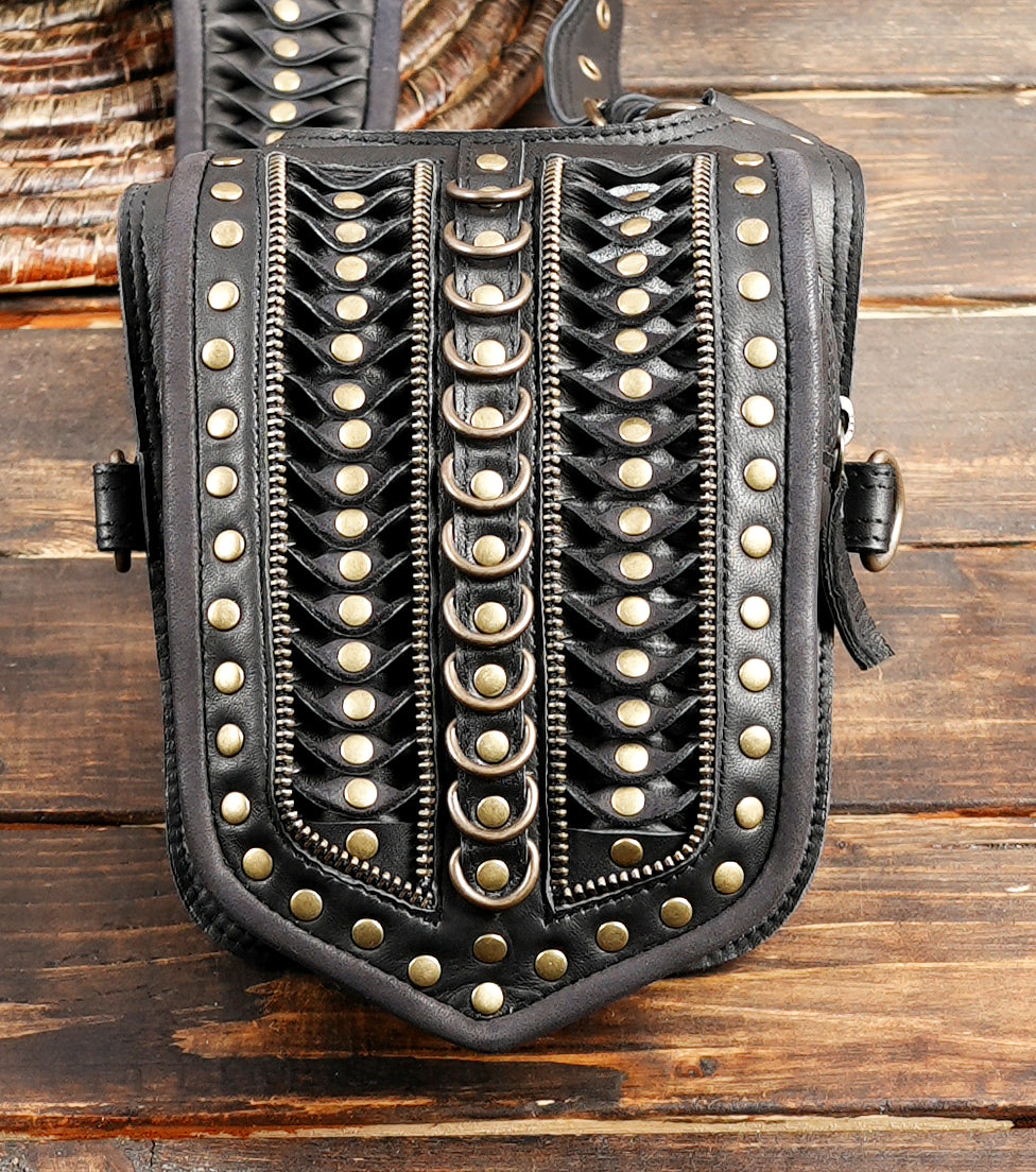 Harness Double Side Shoulder Bag In Black Textured Leather WITH METAL   