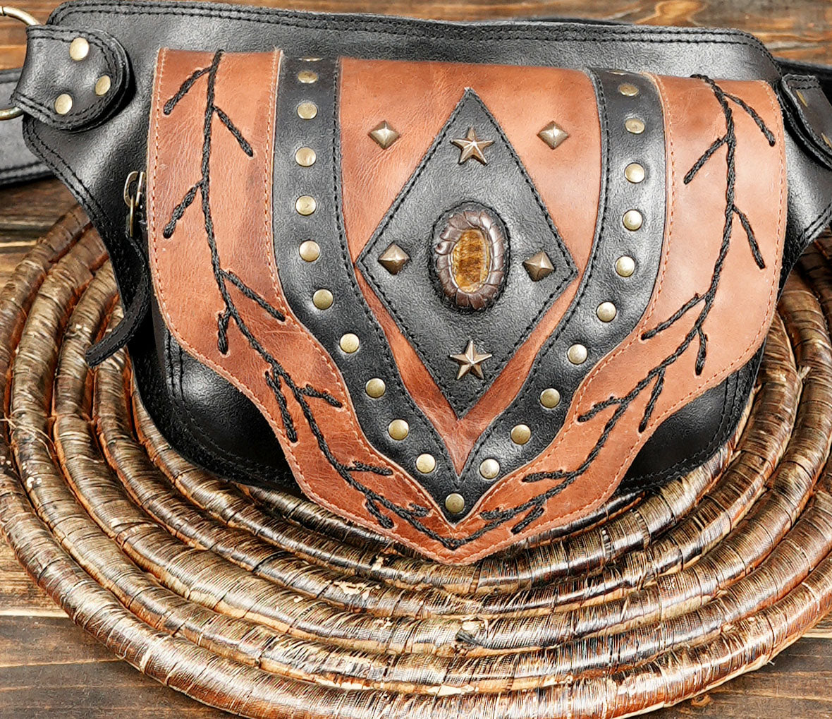 Boho tribal leather waist pouch bag with black accents