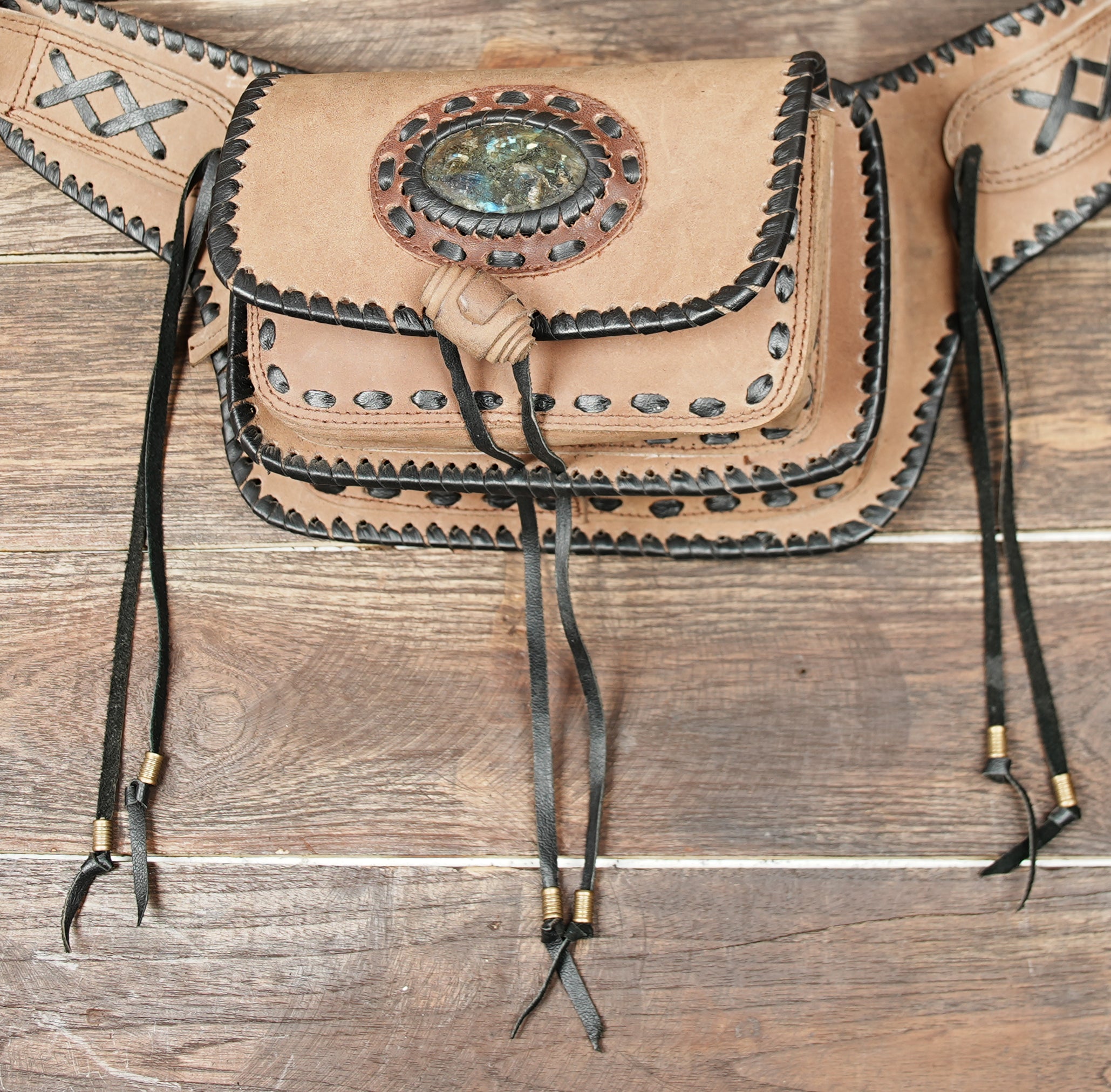 Leather waist belt pouch with hand stitched edges and stone accent