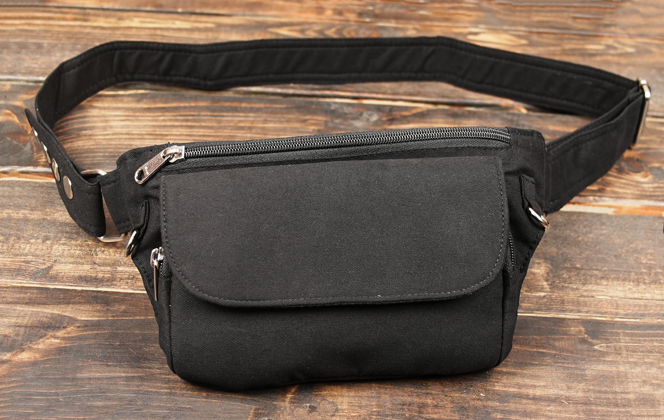Black cotton canvas fanny pack with silver zipper detail