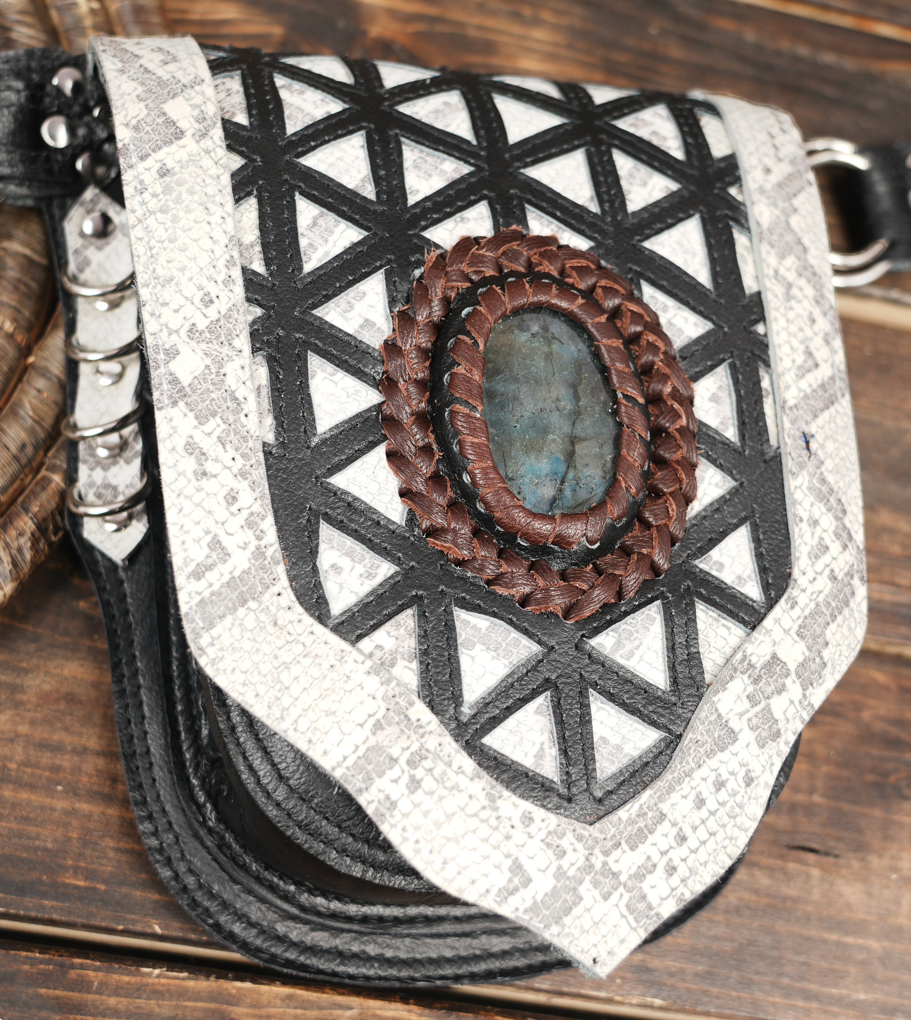 Handmade Tribal Leather Waist Belt with Stone Detail || Boho Style Leather Waist Belt with Decorative Pouches (LT/NS/WB/6049)