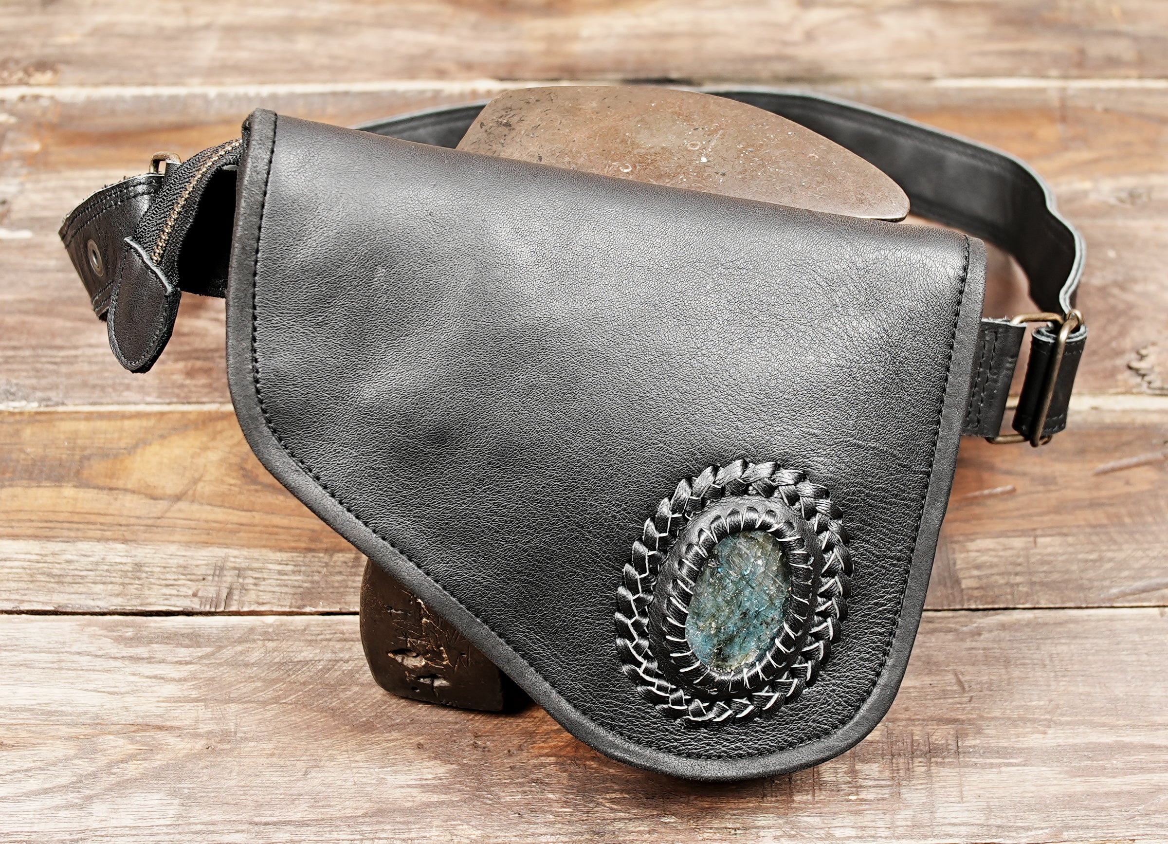 Boho style leather belt bag with natural gemstone inlay