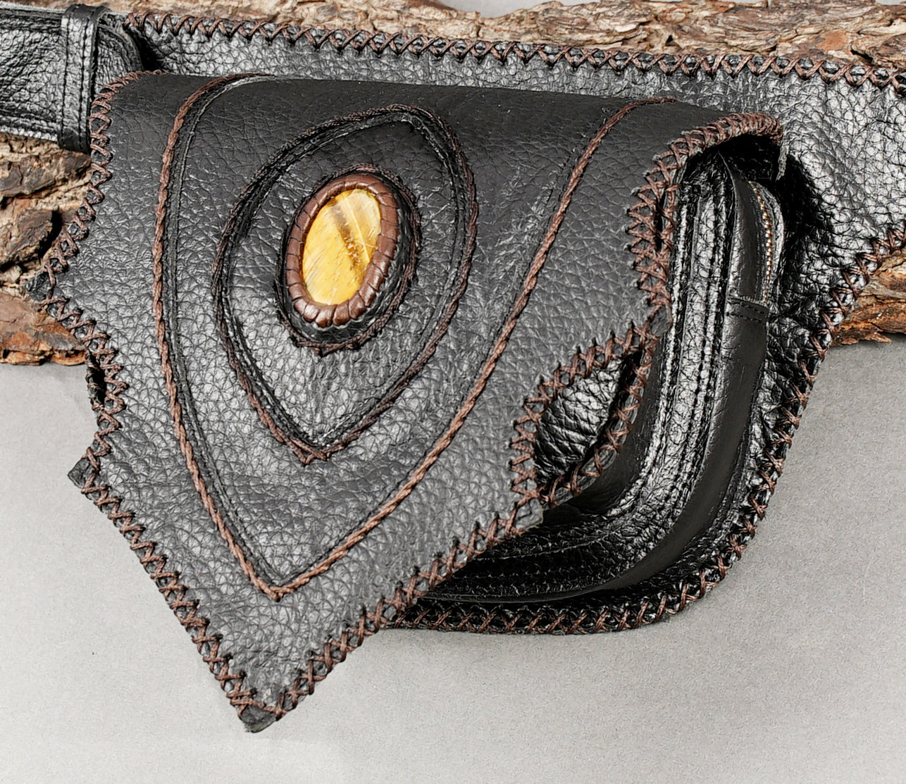 Steampunk inspired leather waist pouch with natural stone