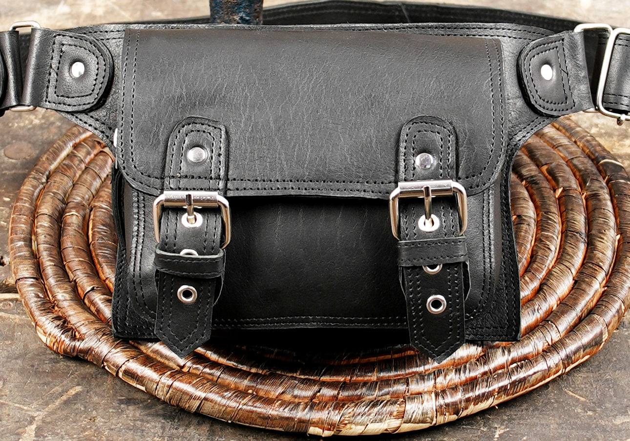 Adjustable leather waist belt with front storage pouch