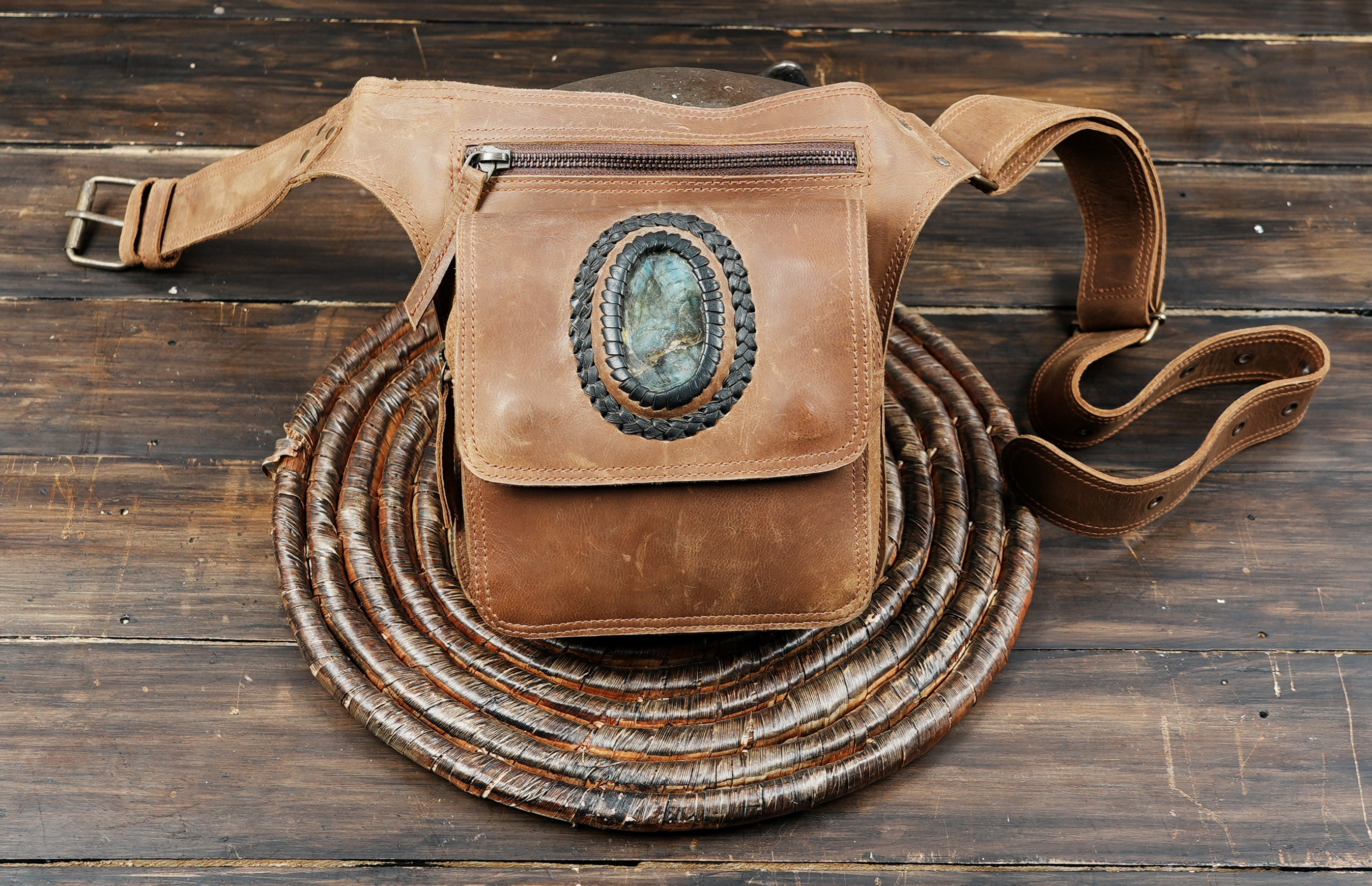 Handmade Leather Belt Bag: Gemstone Accent, Festival 
