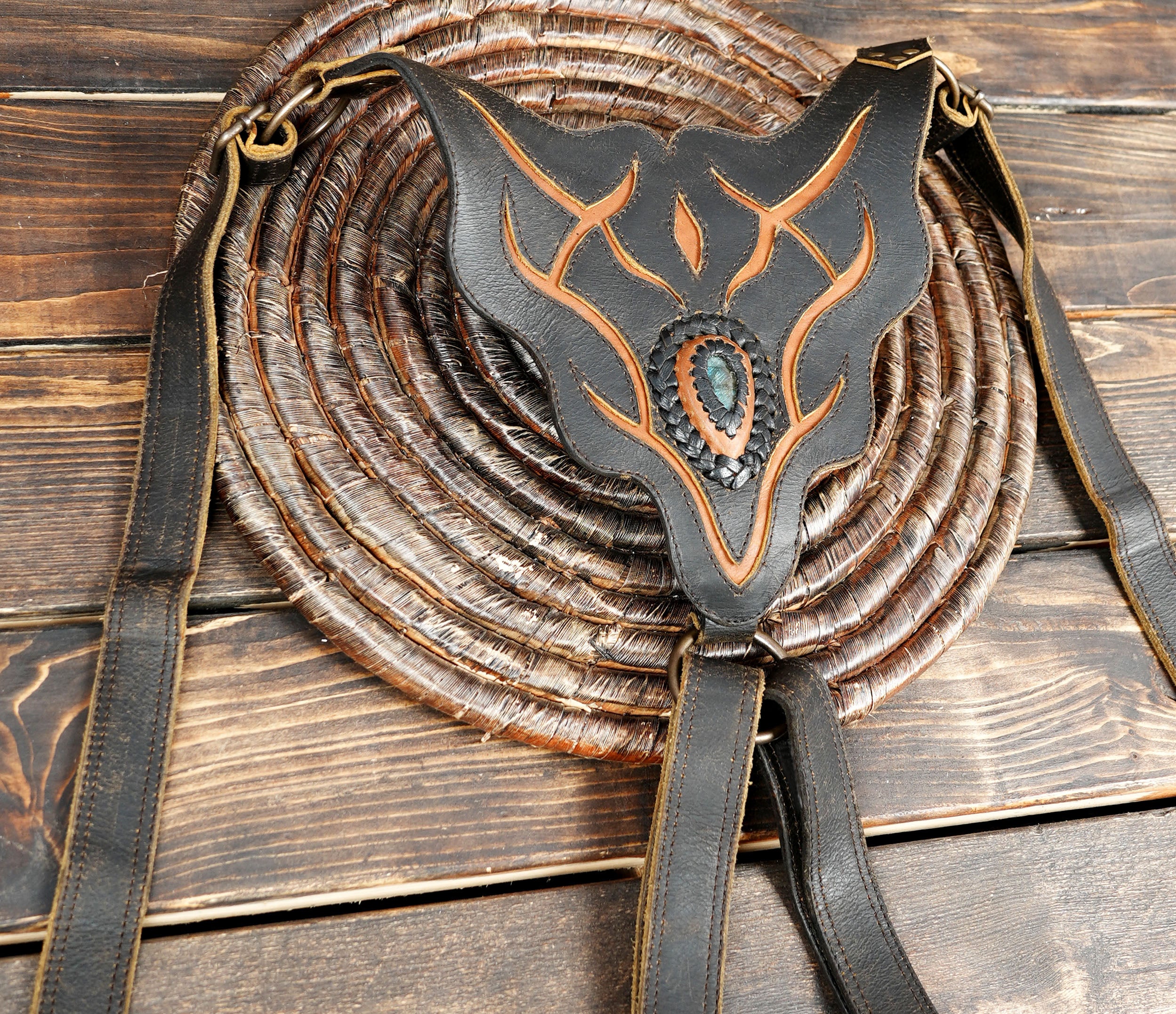 Tribal utility holster belt with double pocket and brass hardware