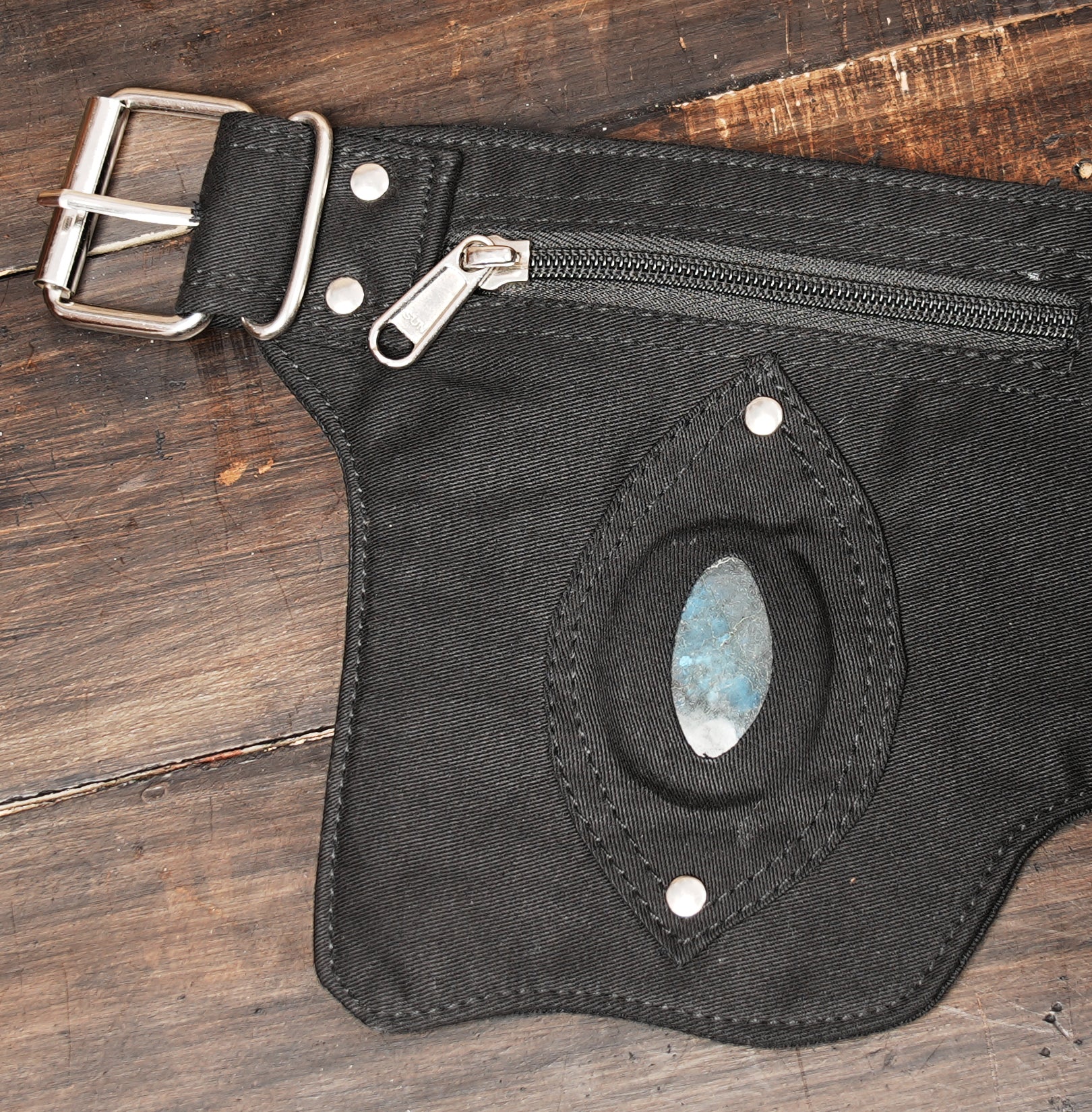 Handmade cotton waist pack with gemstone side pocket