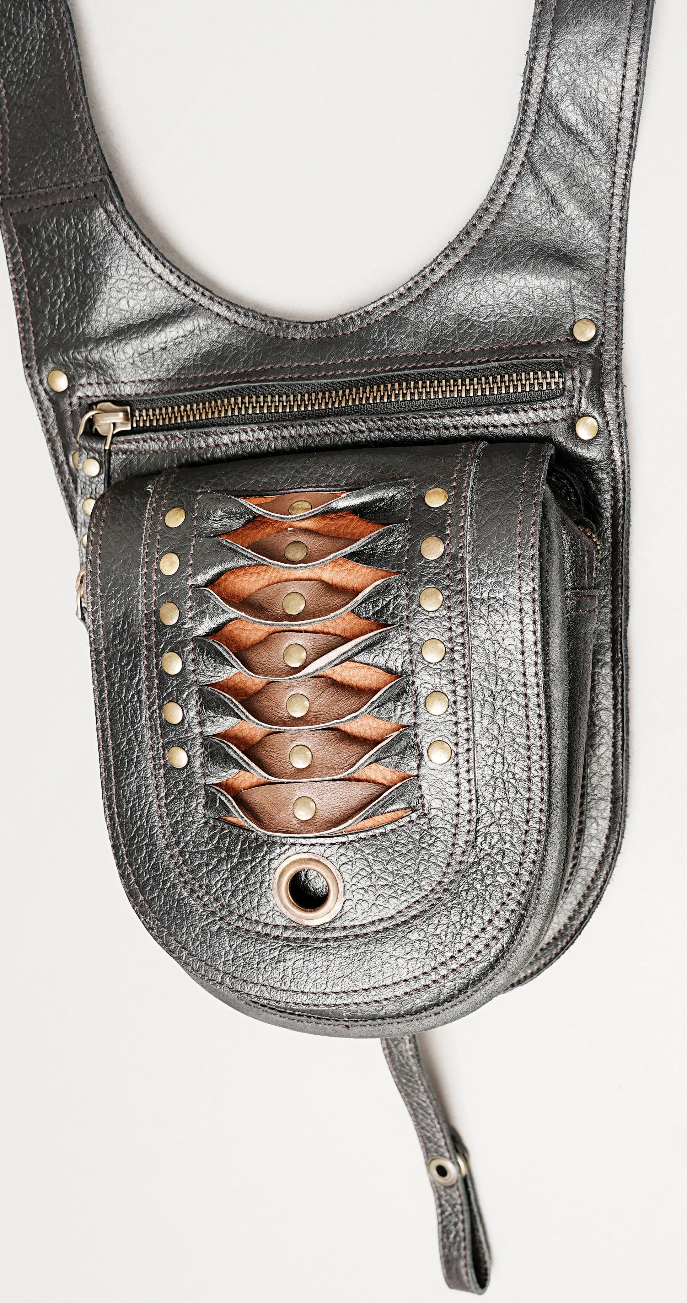 Handmade Black Leather Shoulder Holster with Dual Zipper Pouches || Gothic Style Leather Harness with Adjustable Straps (LT-AB-HLS-6023)