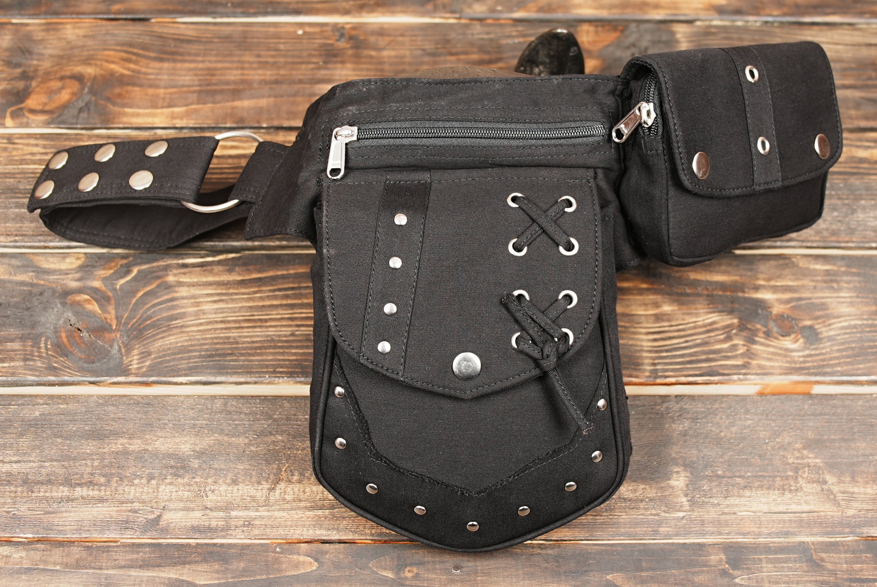 Black cotton festival belt bag for hands-free carrying