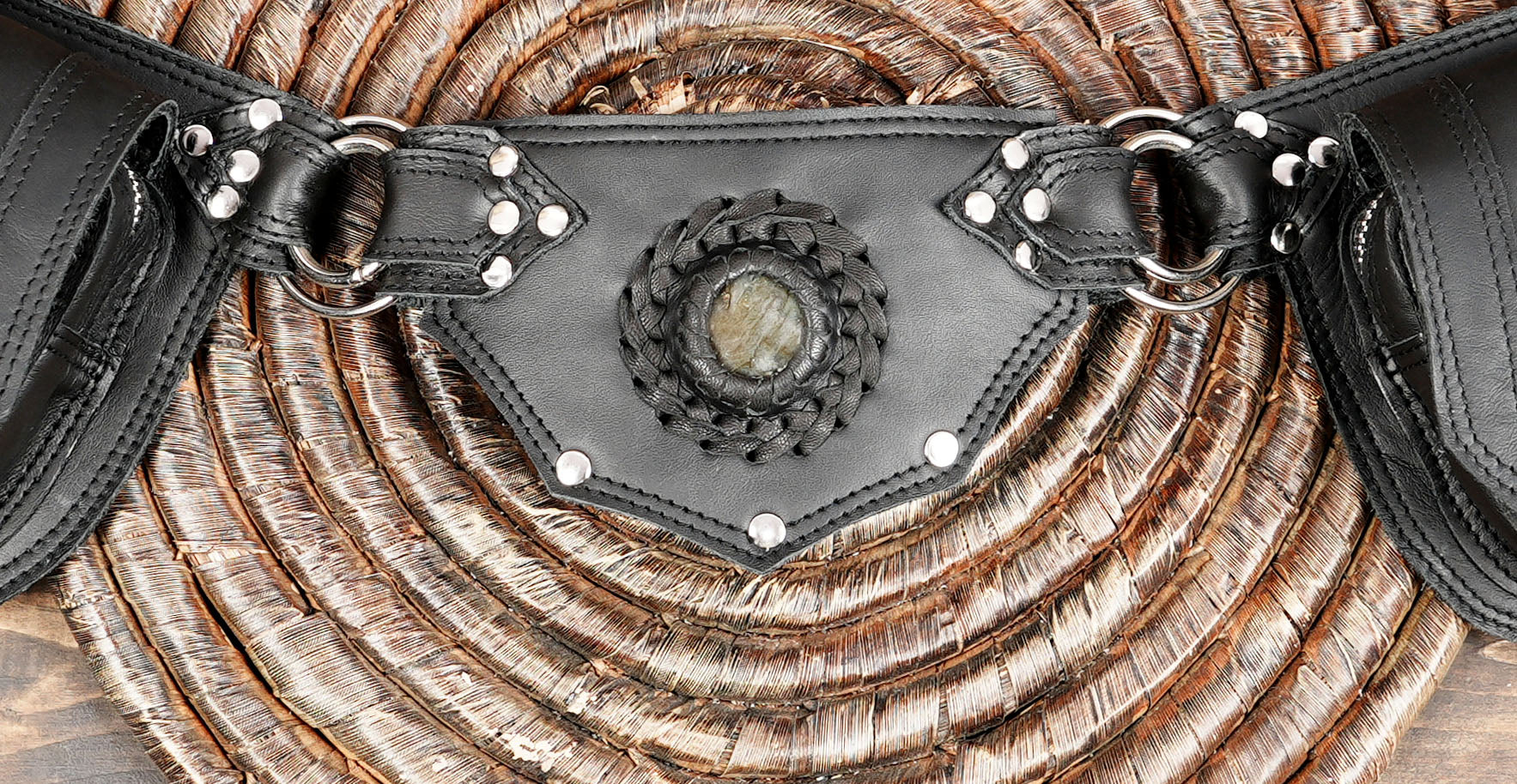 Handmade Black Leather Waist Belt with Gemstone Accents || Leather Waist Belt with Dual Storage Pouches and Metal Rings (LT-NS-WB-6046)