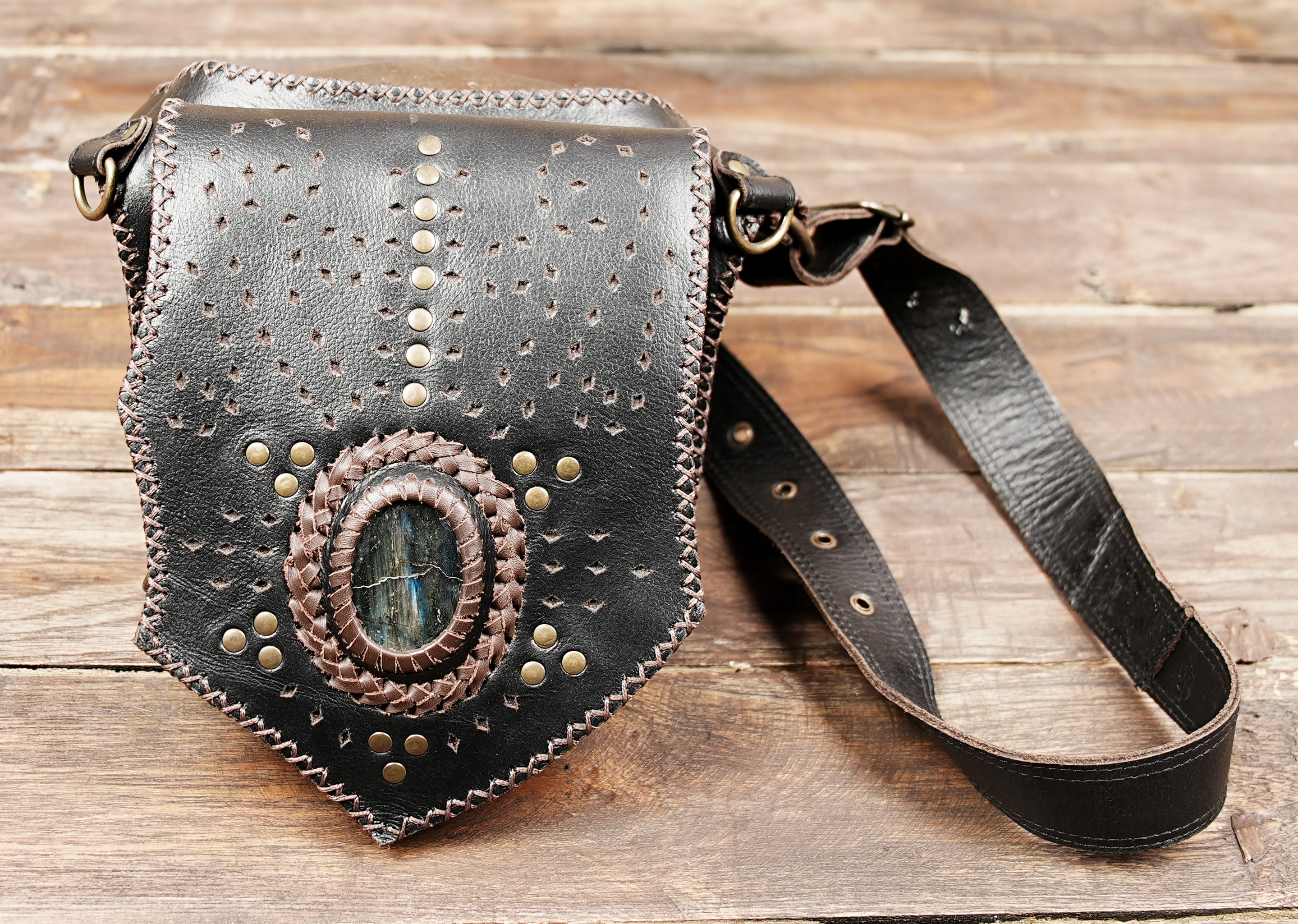 Artisan leather waist belt with hand stitched edges and stone detail