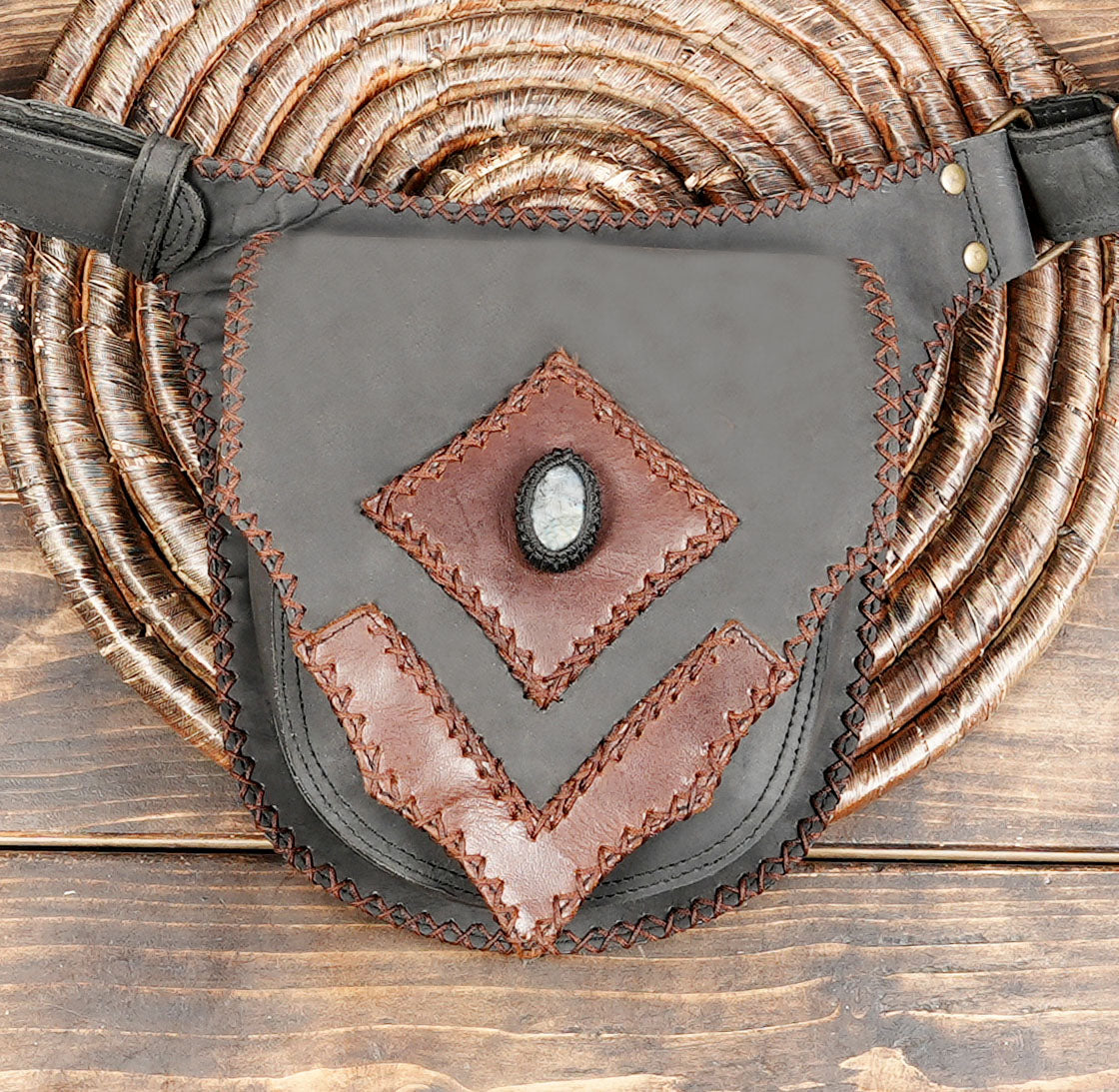 Black Leather Waist Belt with Brown Patchwork – Unisex Boho Hip Bag