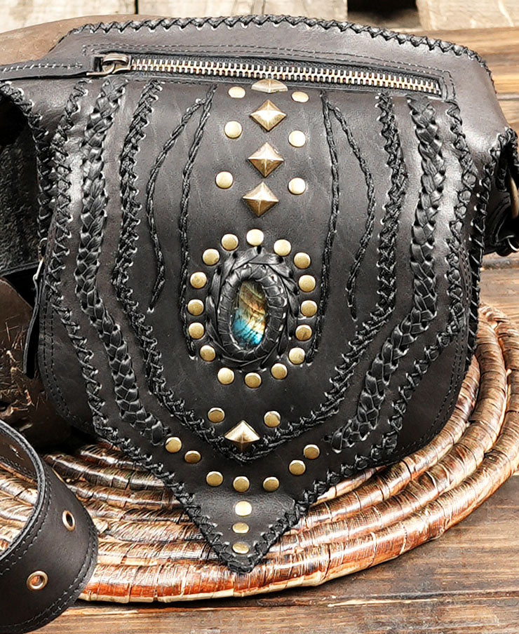 Festival-ready black leather utility belt with gemstone accent