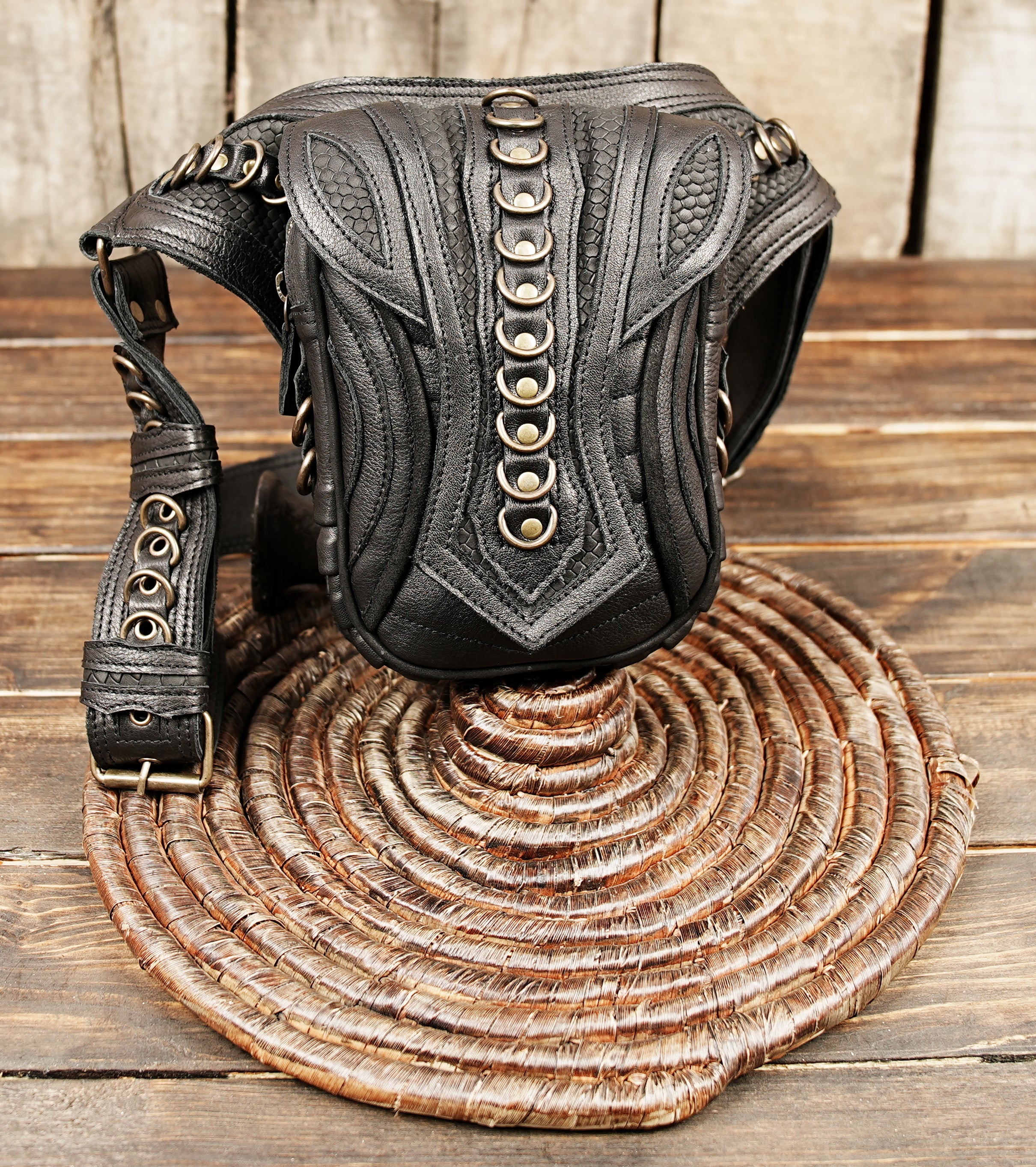 Western gothic-style hip belt bag with handcrafted texture
