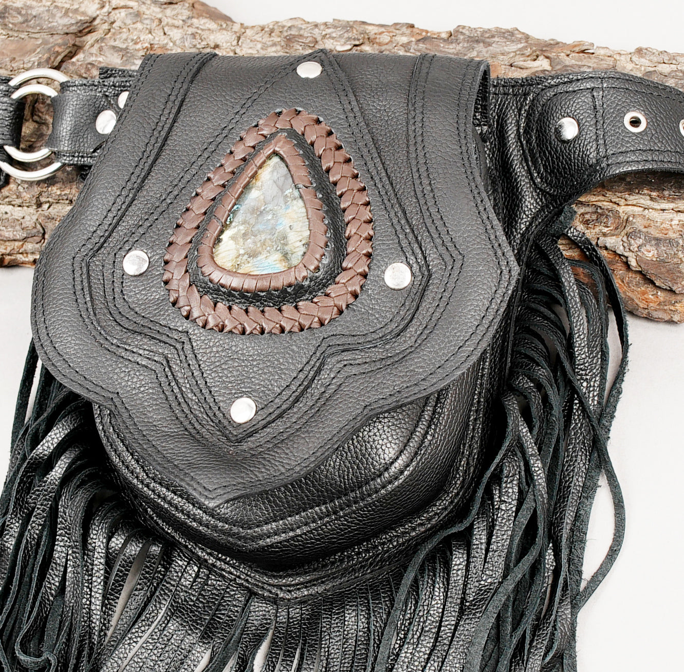 Handmade leather waist belt with teardrop stone accents