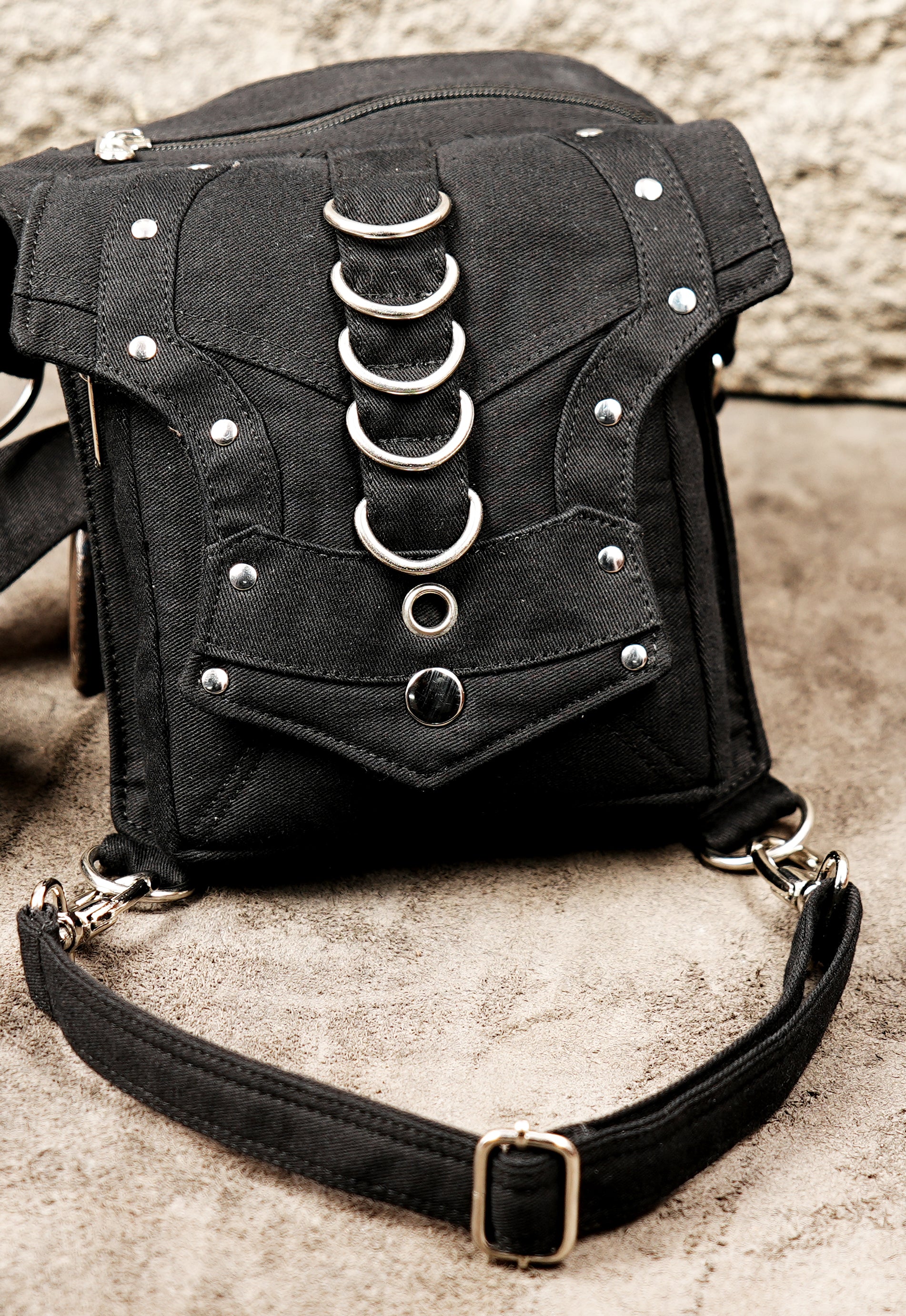 Gothic utility waist and thigh strap pouch designed for festival goers