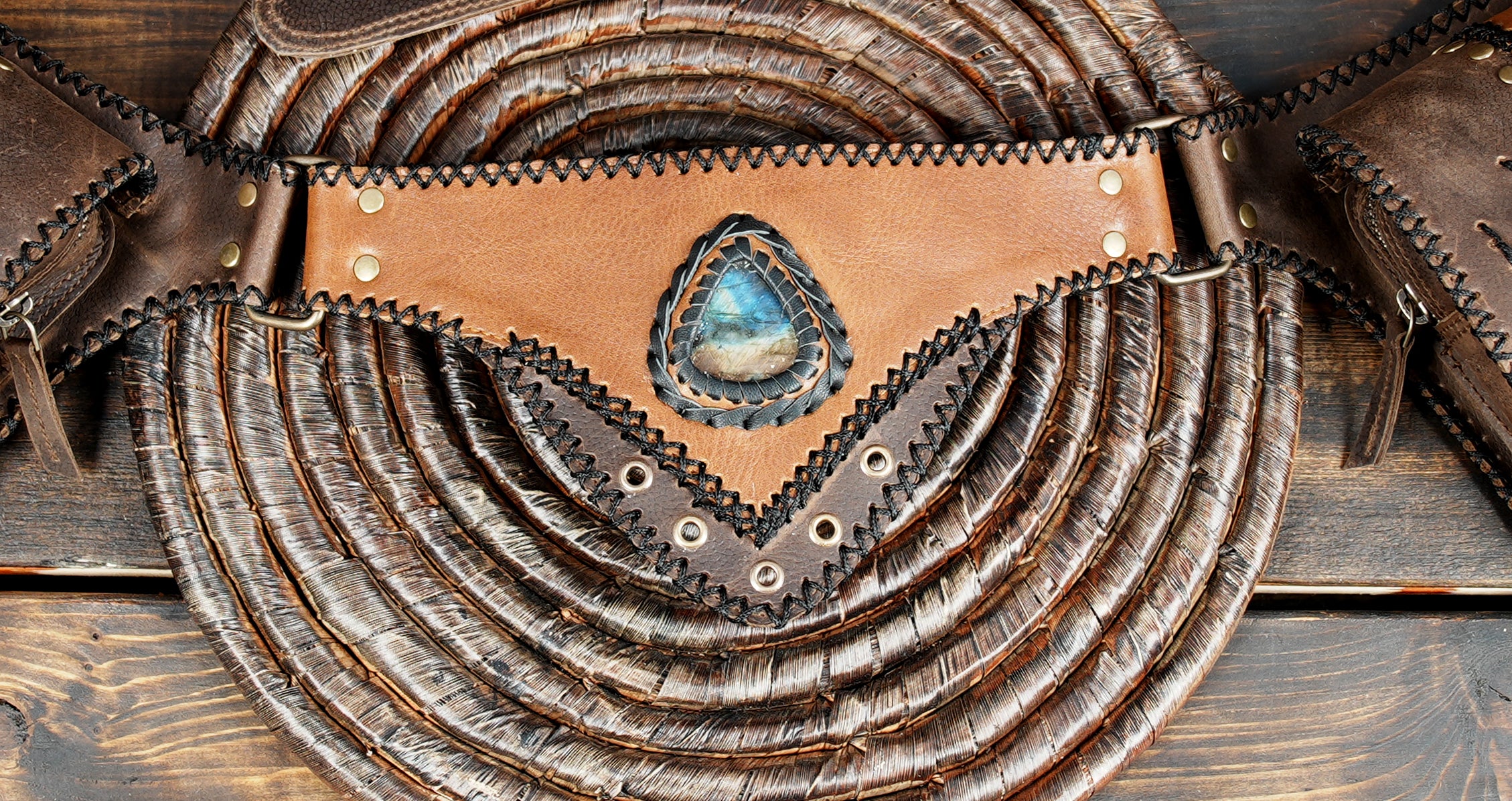 Handmade Leather Waist Belt with Utility Pouches || Boho Leather Waist Belt with Dual Pouches and Stone Detail (LT/AB/WB/6169)