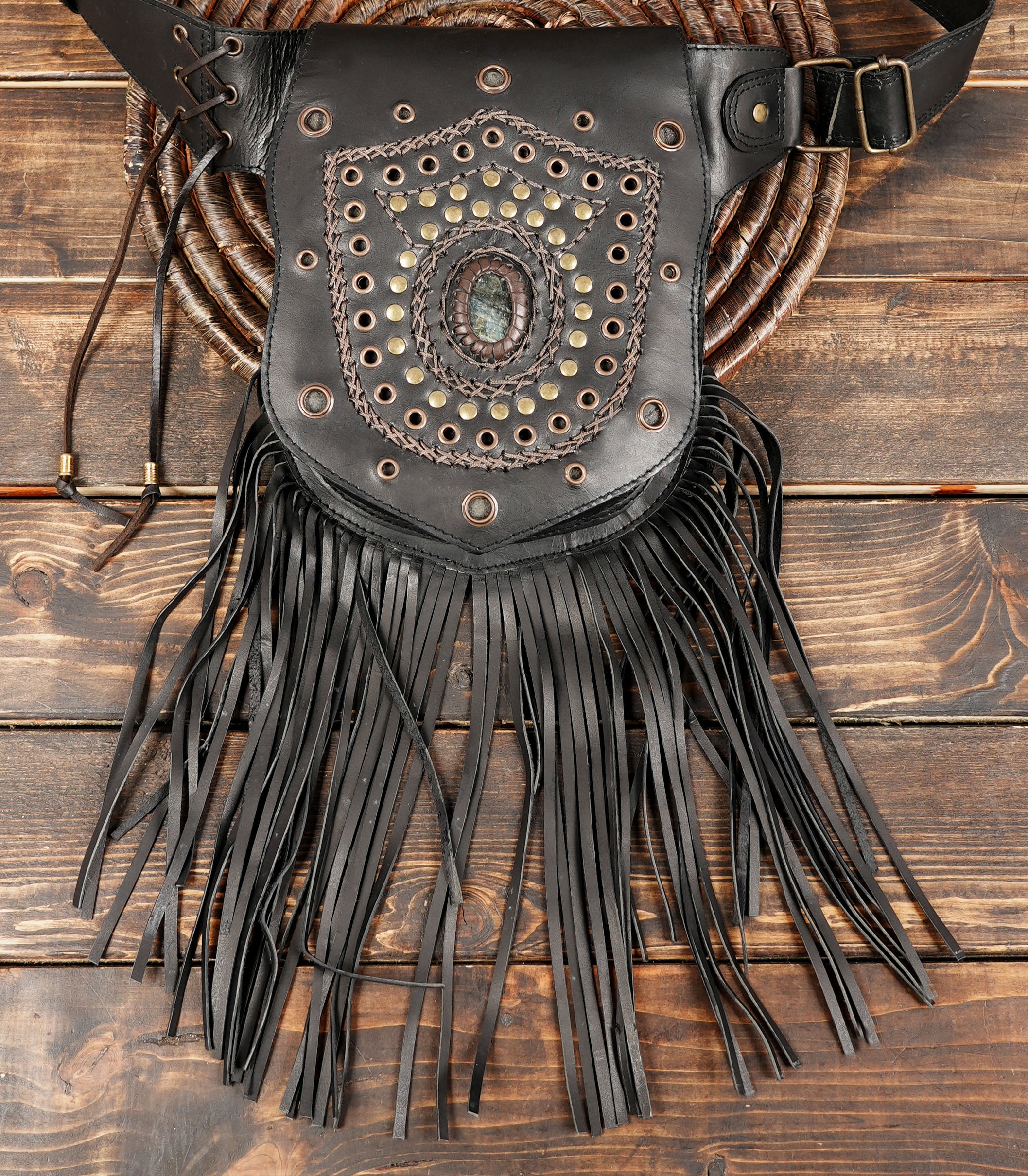 Handmade Genuine Leather Waist Belt with Gemstone || Gothic Boho Leather Belt Bag with Stone Centerpiece (LT-AB-WB-6124)