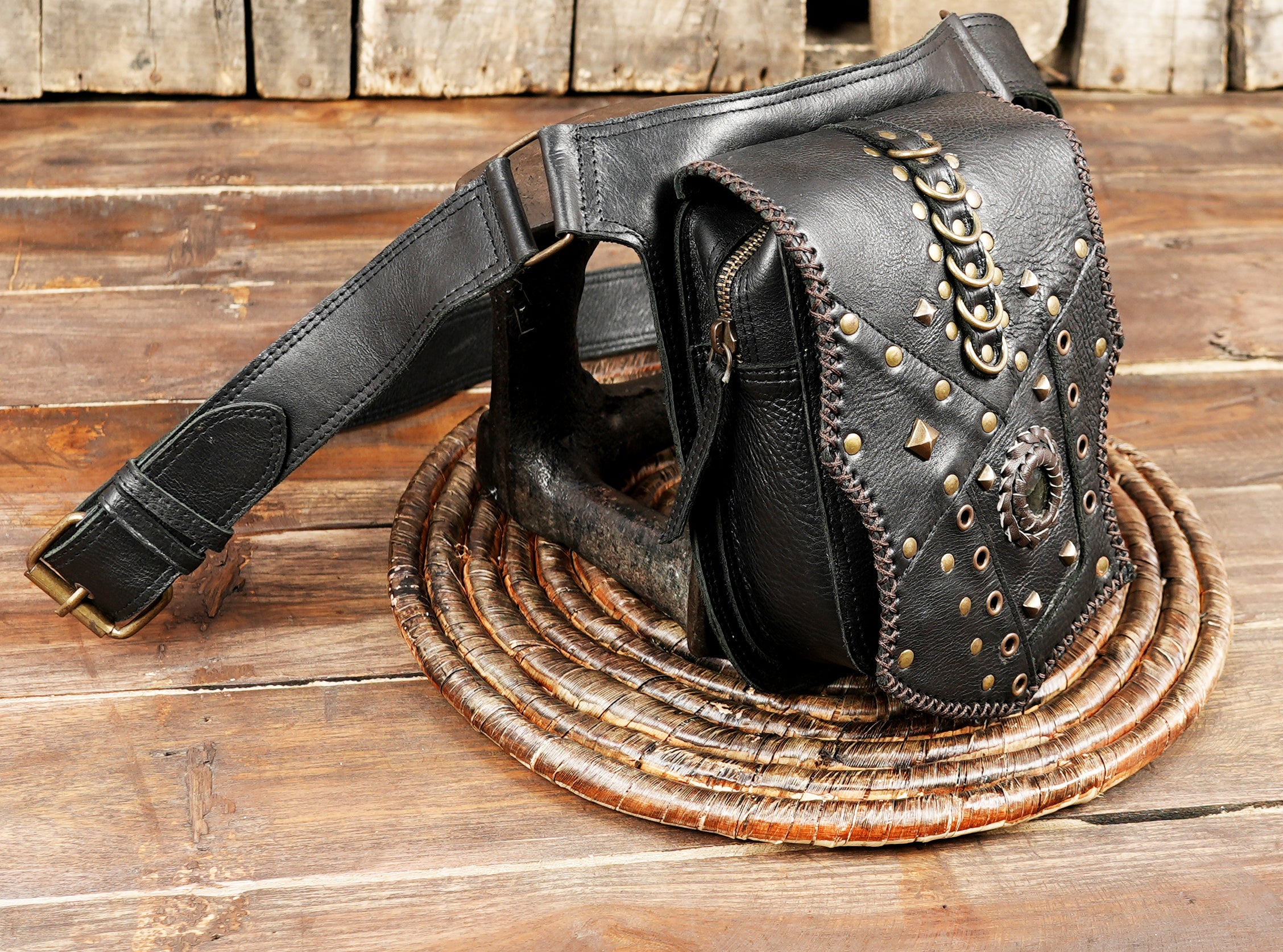 Artisan leather waist belt with front pouch and detailed stitching