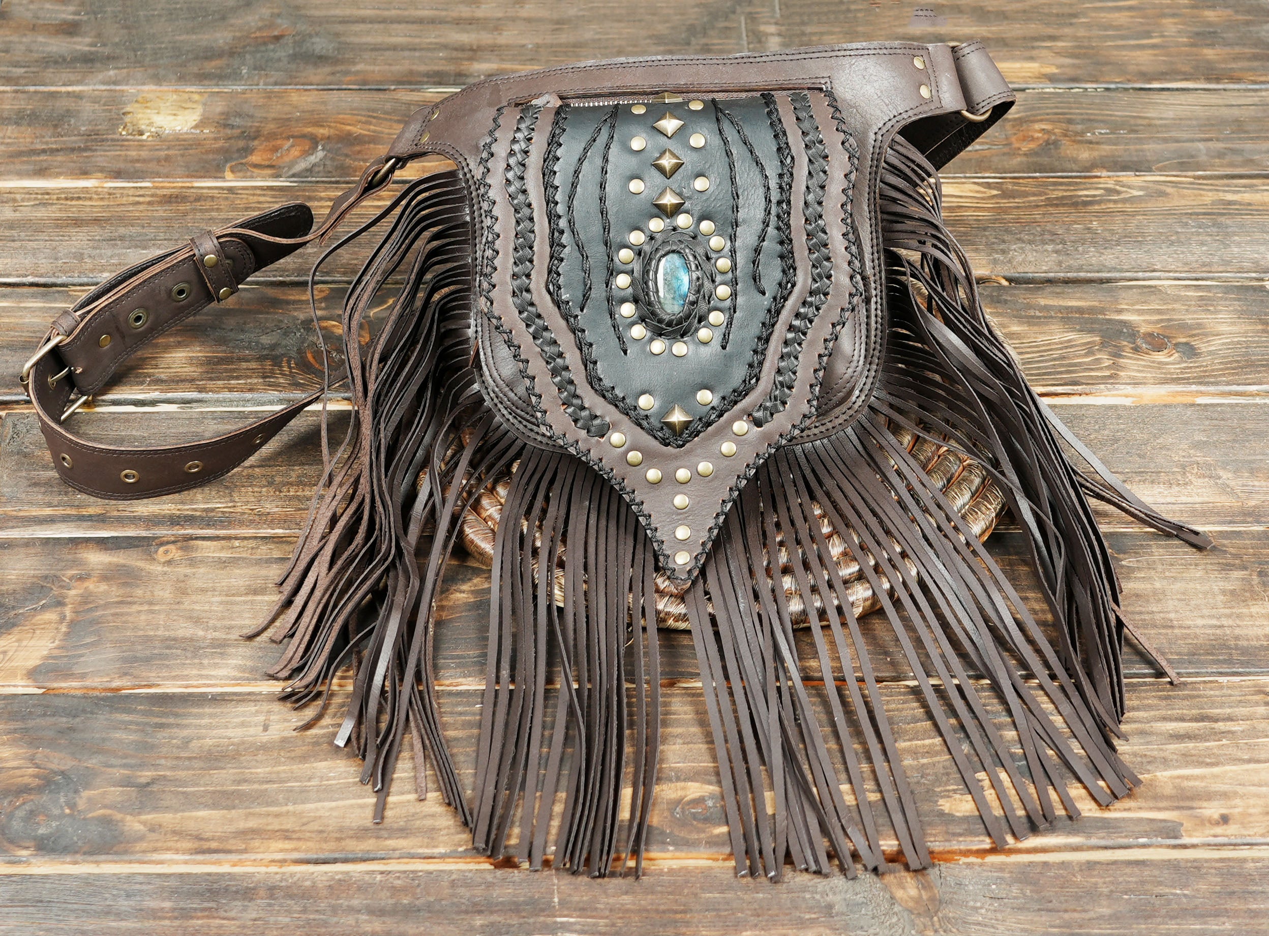 Tribal style leather waist bag for festivals and hiking