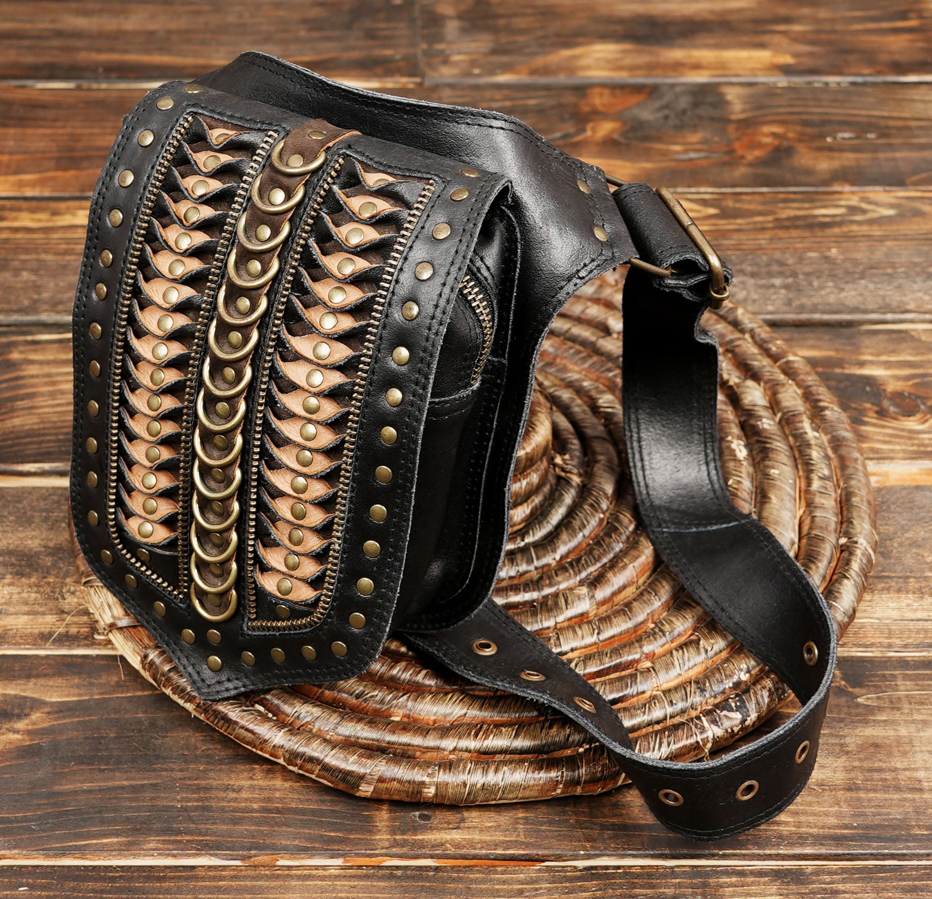 Steampunk-style black leather utility belt bag with brass rivet