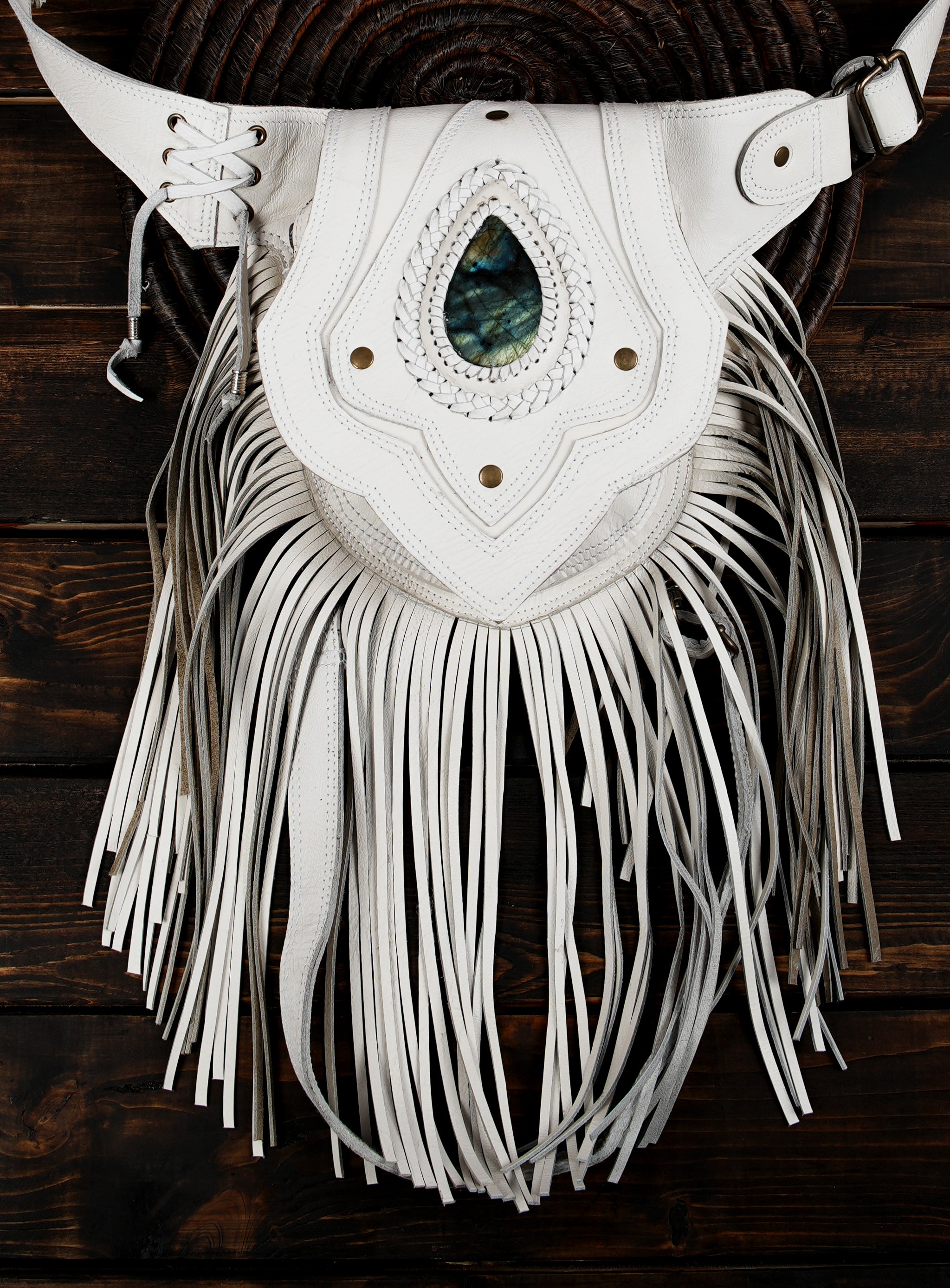 Fringe festival belt bag in white leather with gemstone accents