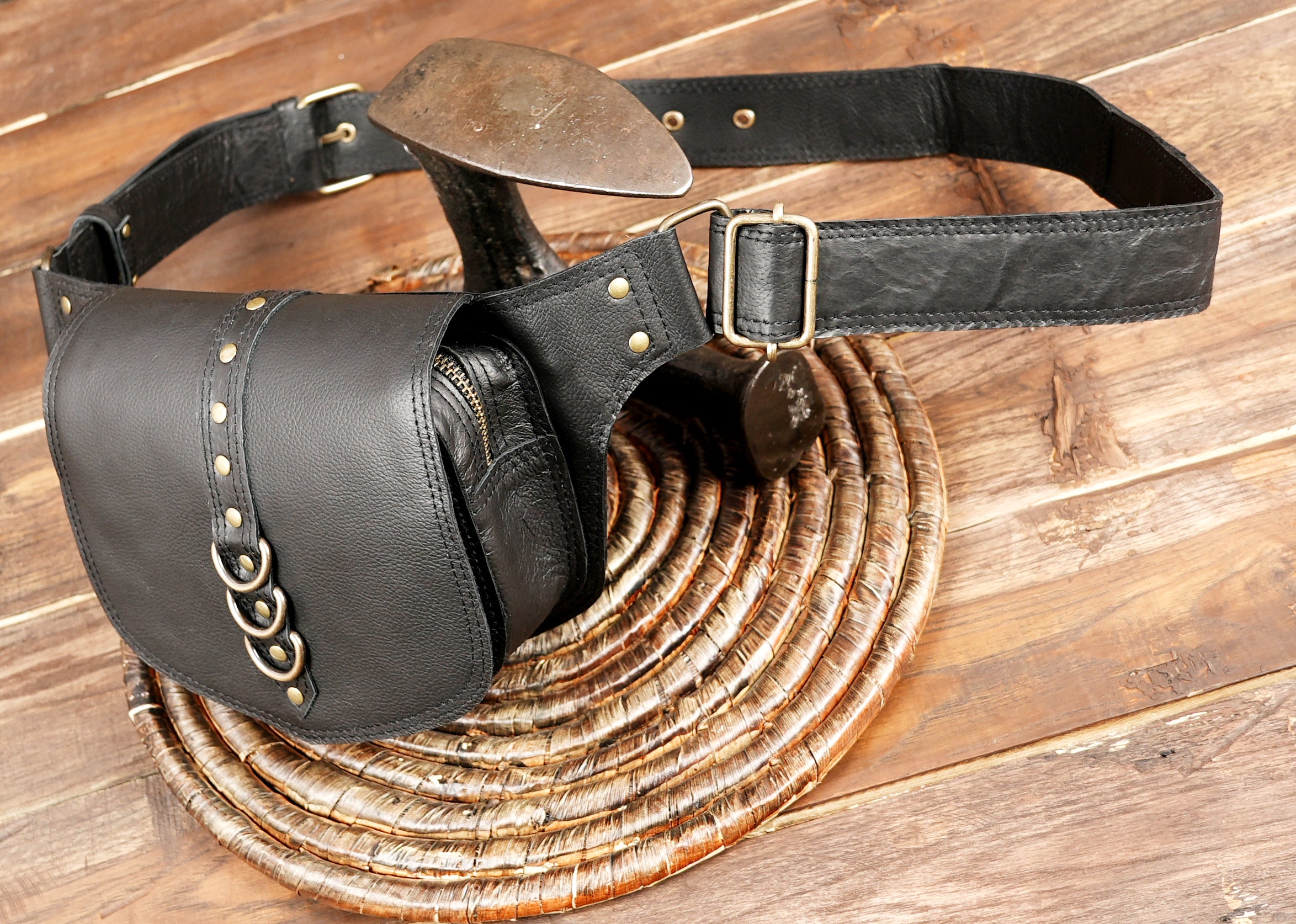 Handmade Black Leather Belt Bag: Gemstone Fanny Pack, Tribal Boho Style
