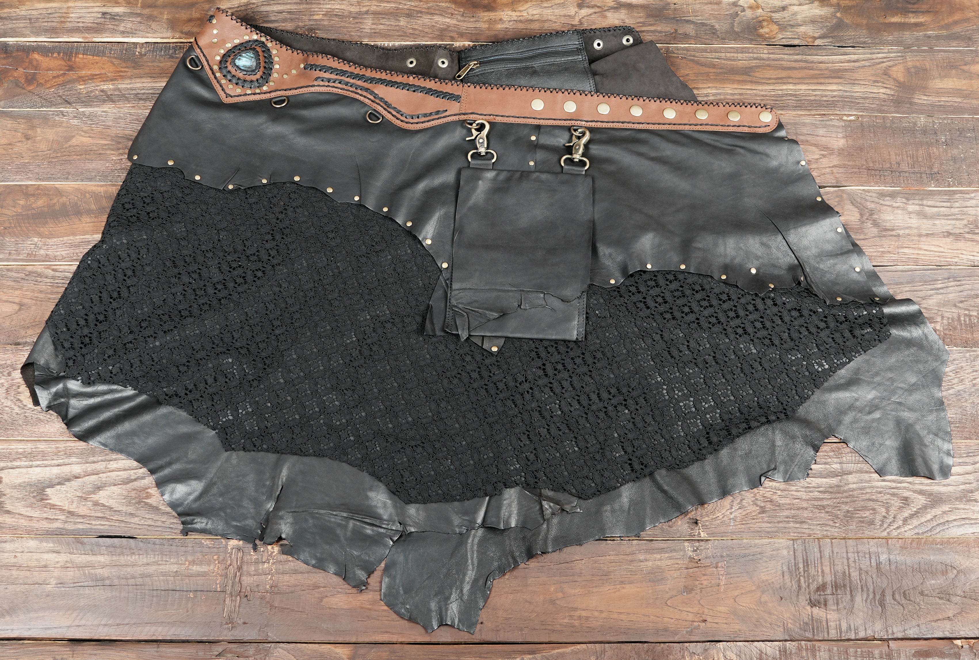 Women’s black leather and lace festival skirt.