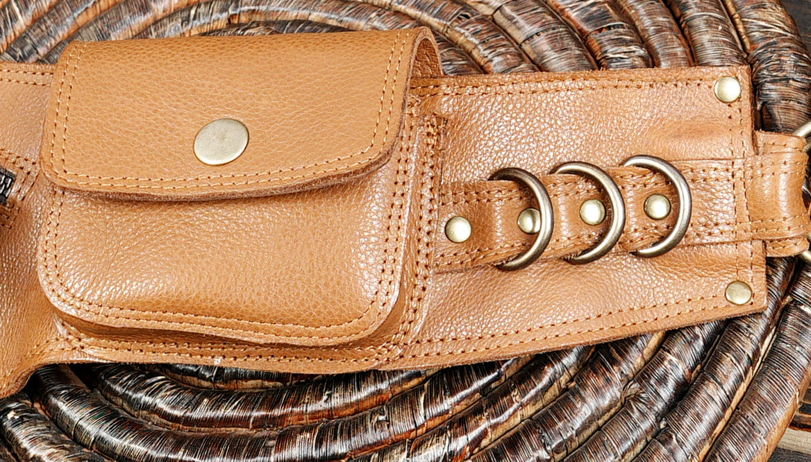 Handcrafted Brown Leather Waist Belt with Fringe and Gemstone || Boho Leather Waist Belt Bag with Utility Pockets (LT/AB/WB/6194)