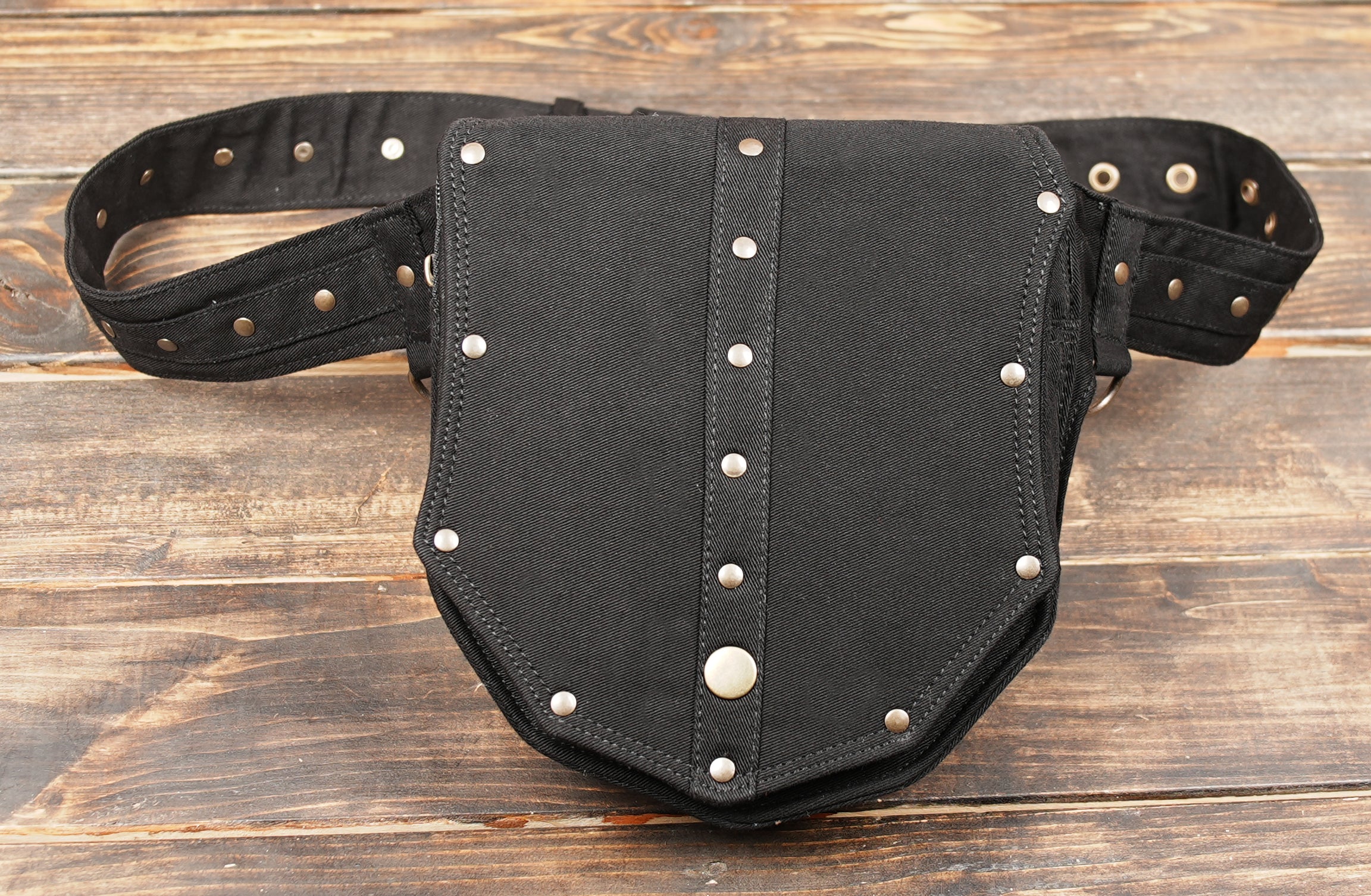Black canvas waist pouch with edgy rivet design