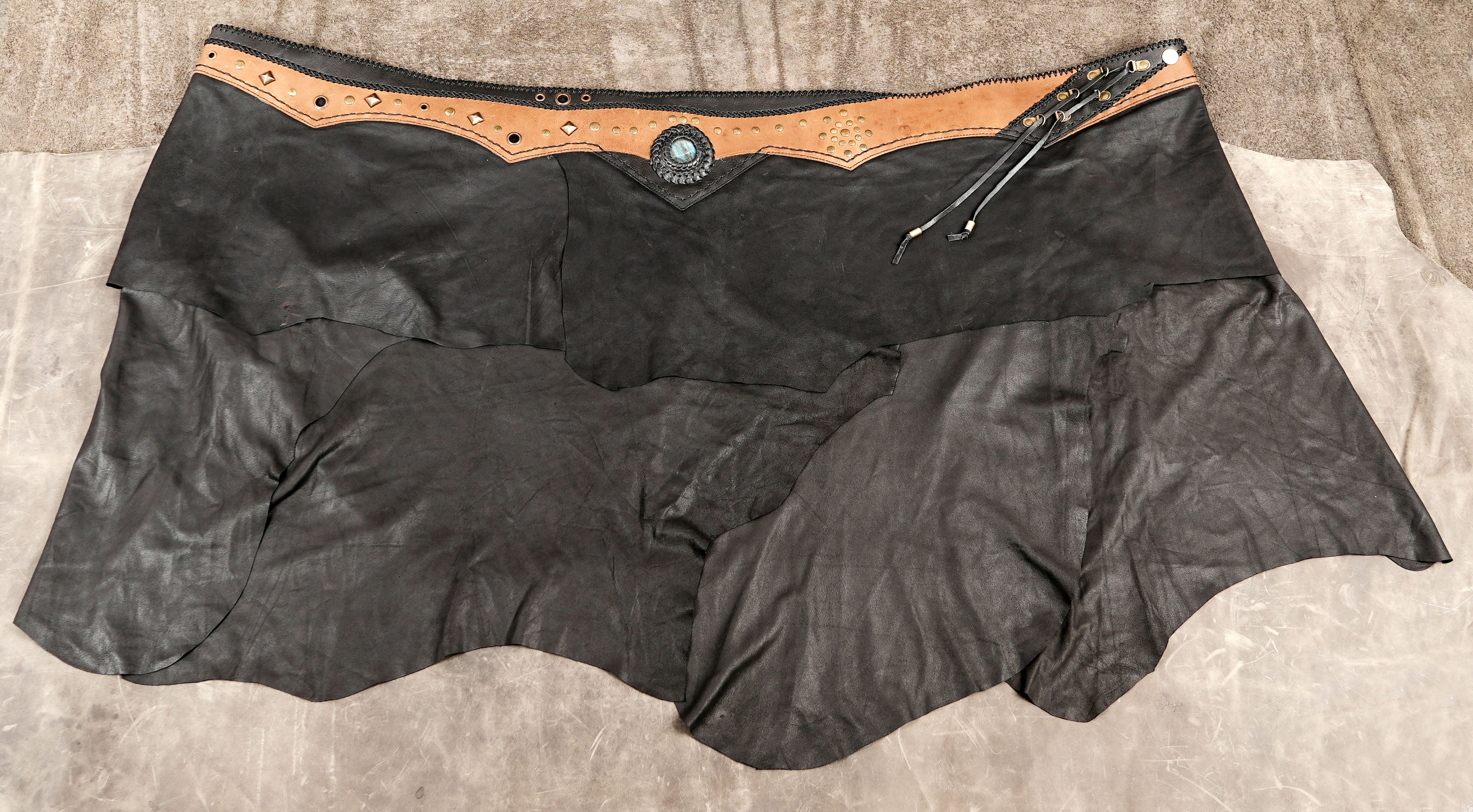 Handmade Black Leather Skirt with Adjustable Waist and Boho Festival Style