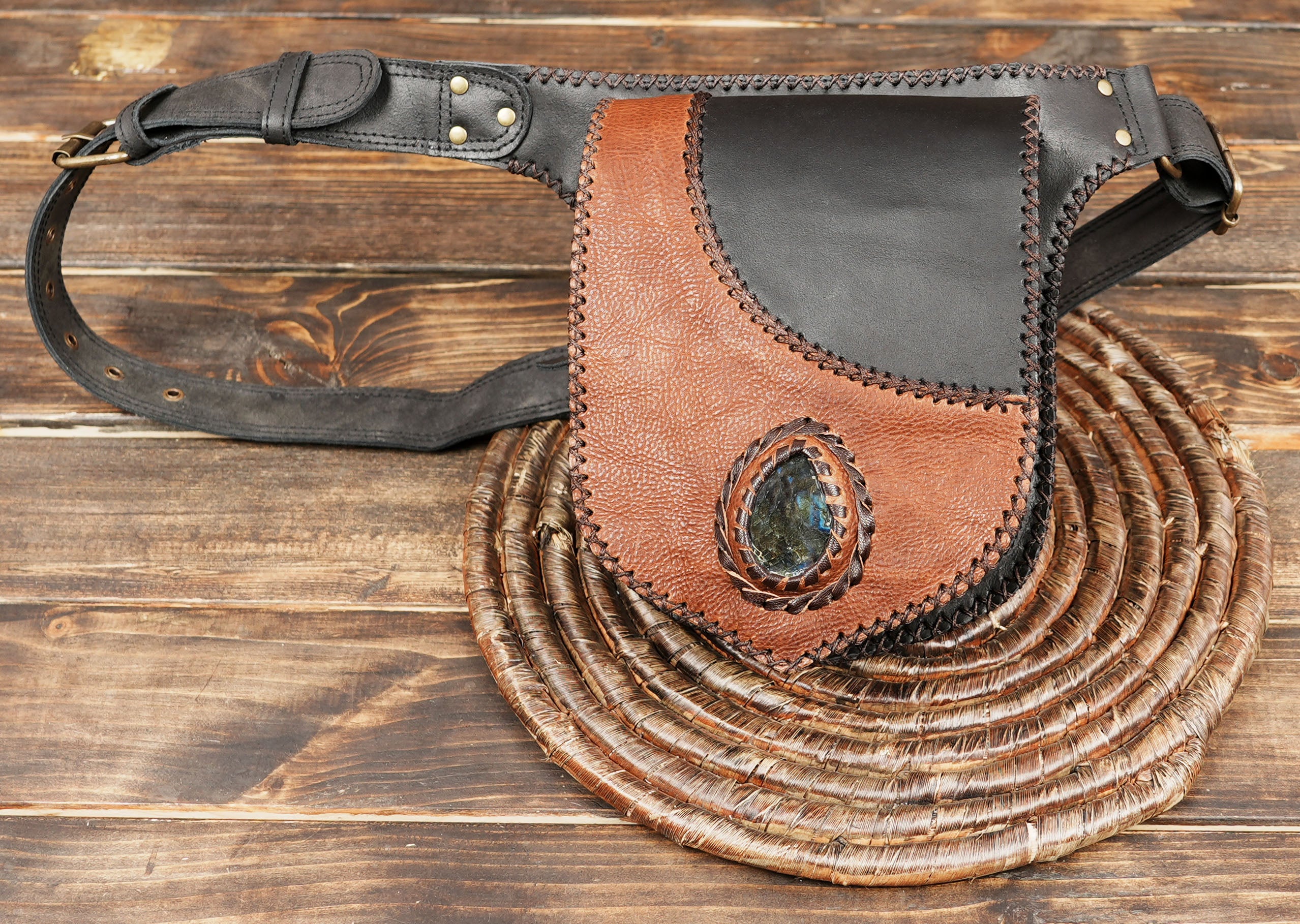 Premium Genuine Leather Waist Belt with Gemstone Pouch || Two-Tone Leather Waist Belt with Decorative Flap  (LT-AB-WB-6203)