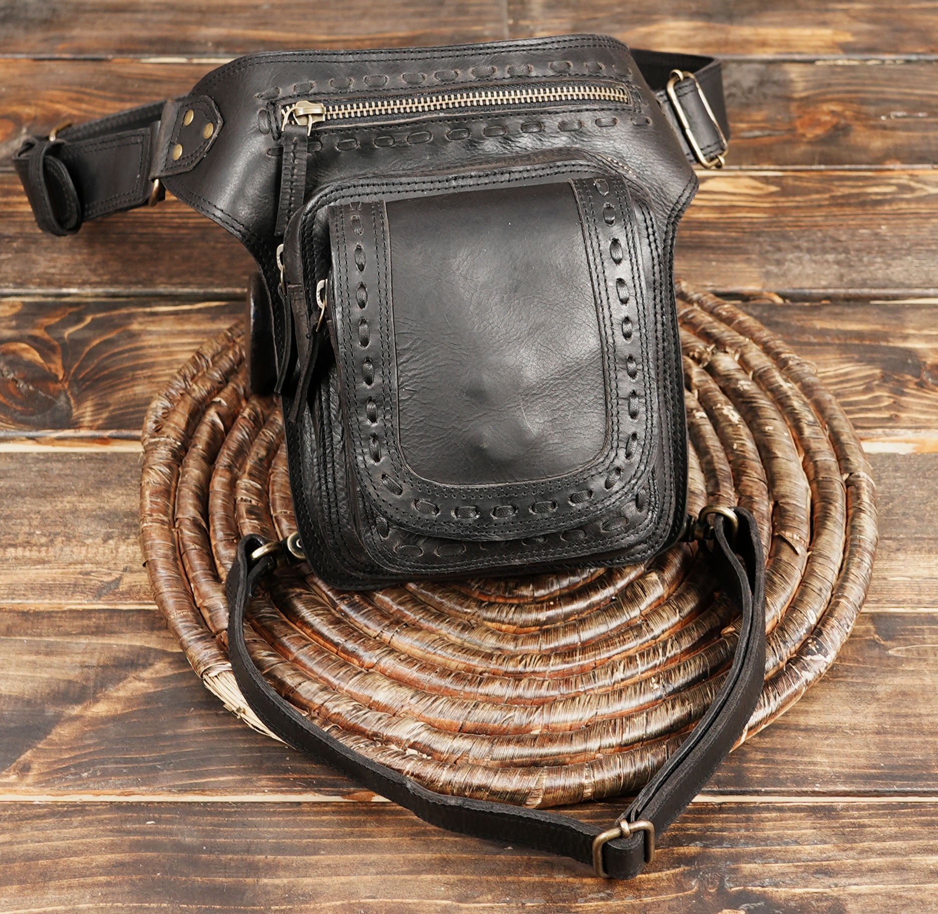 Boho gothic thigh belt with brass fittings and zipper