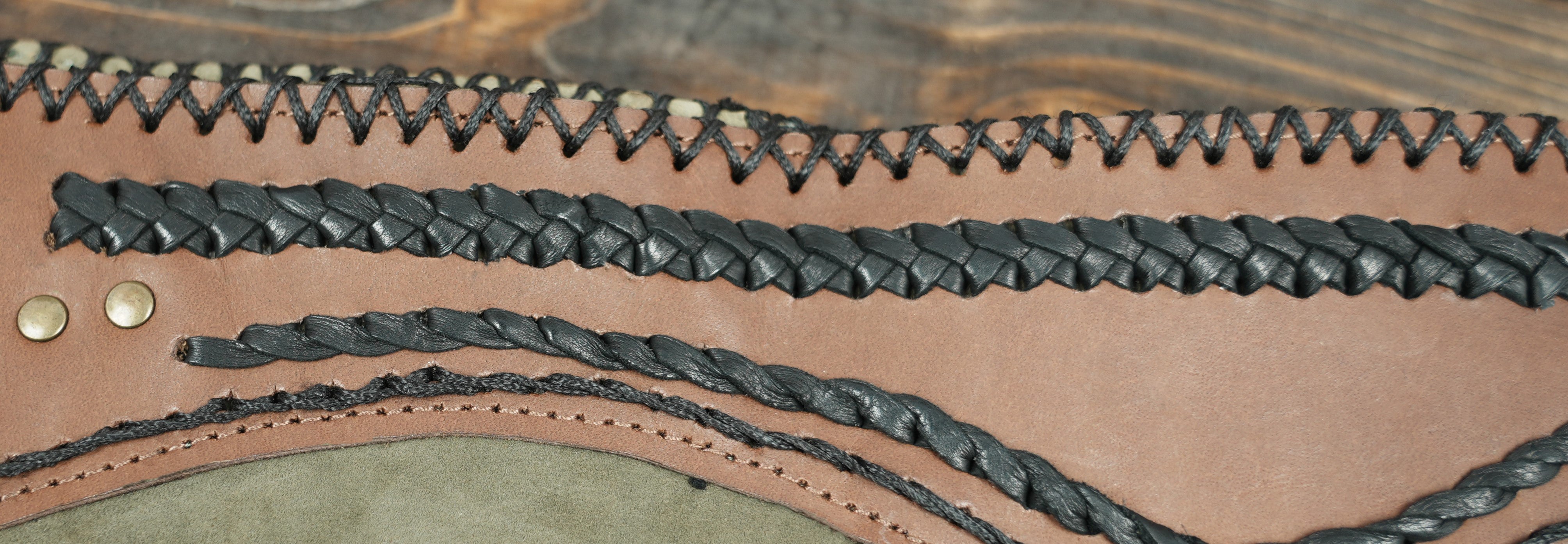 Green leather skirt with brown lace accents