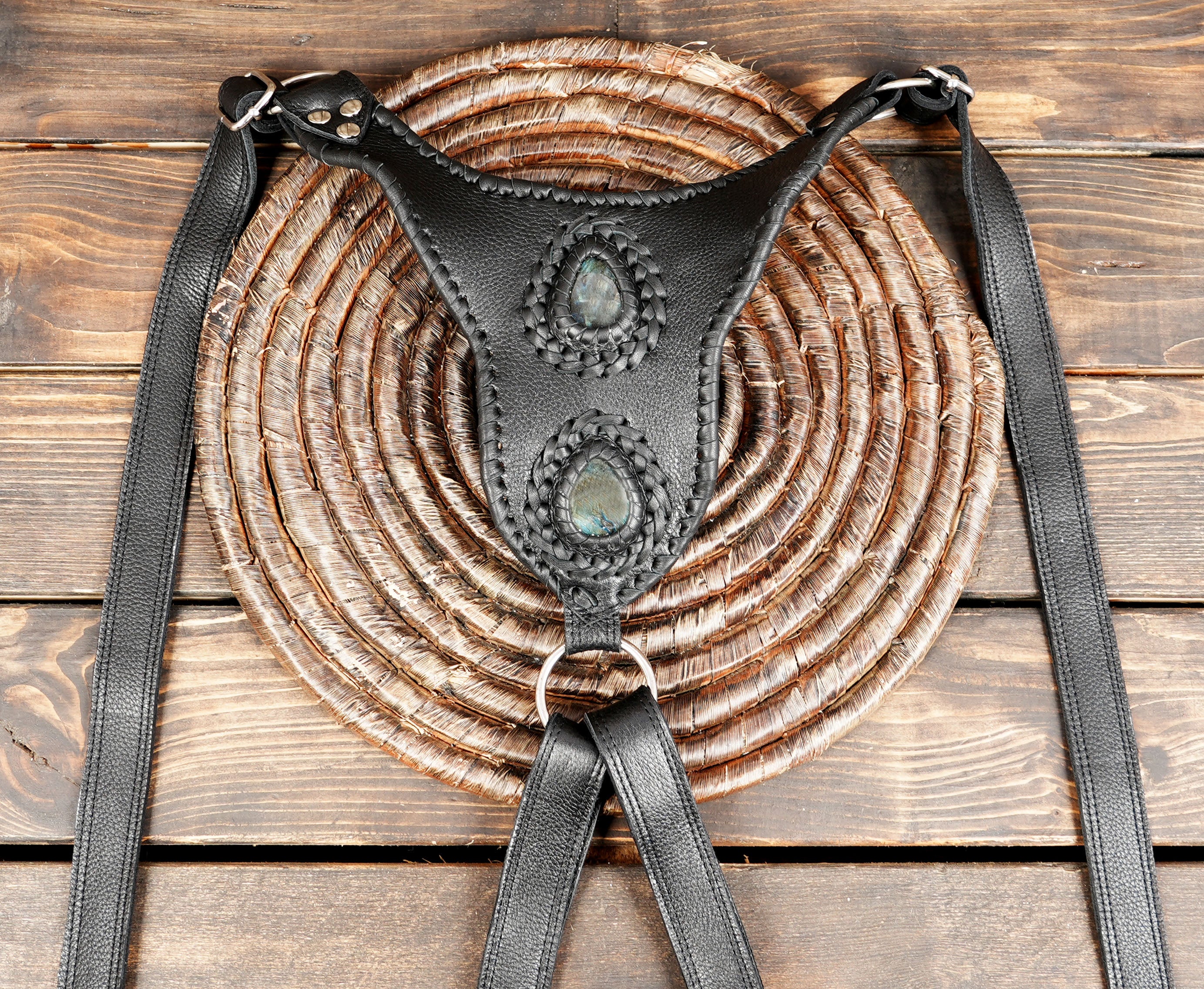 Handcrafted Leather Utility Holster , Unisex Travel Bag with Stone Accent, Black Leather Shoulder Holster burning man, for unisex.