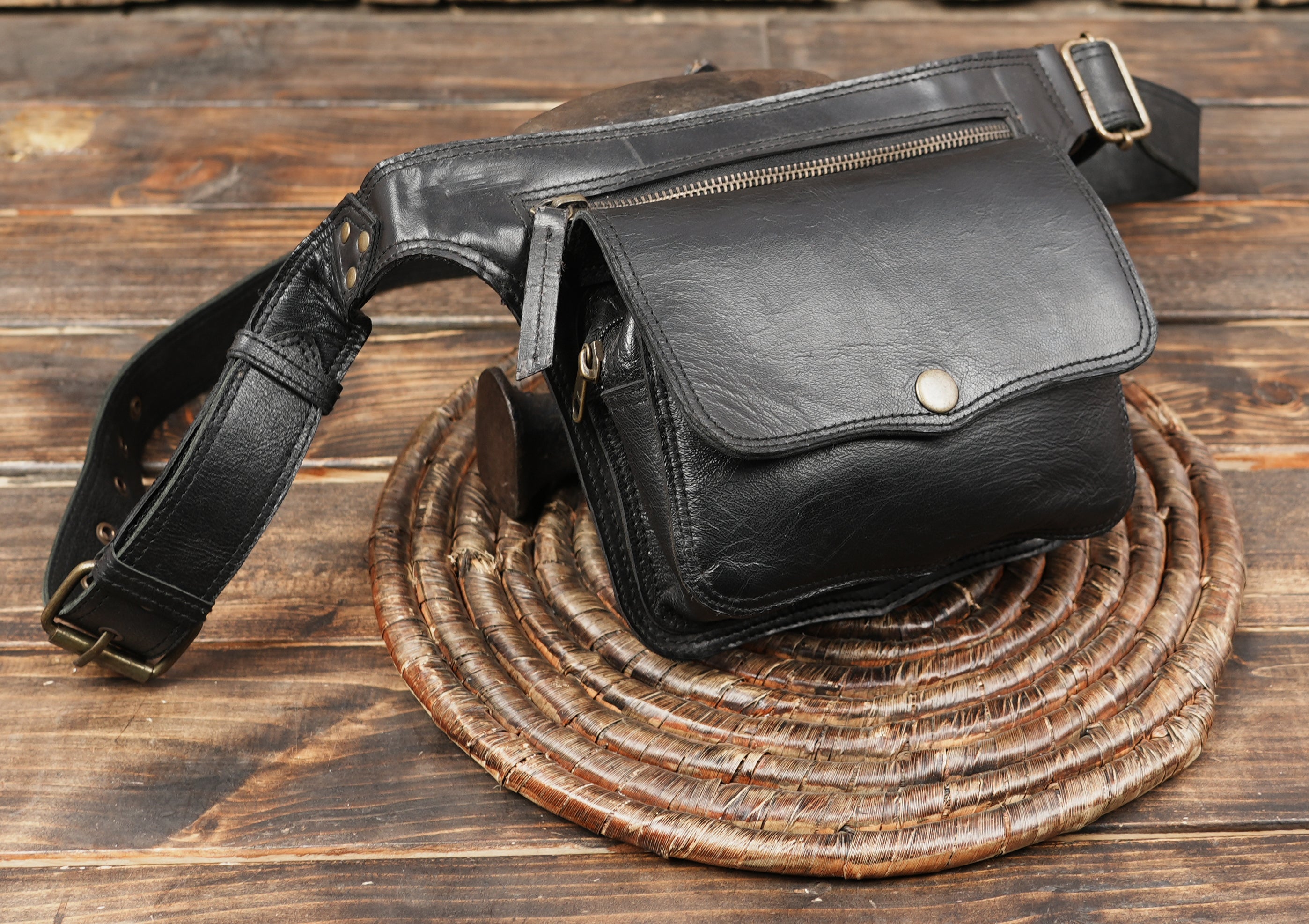 Black leather festival belt bag with roomy storage pocket