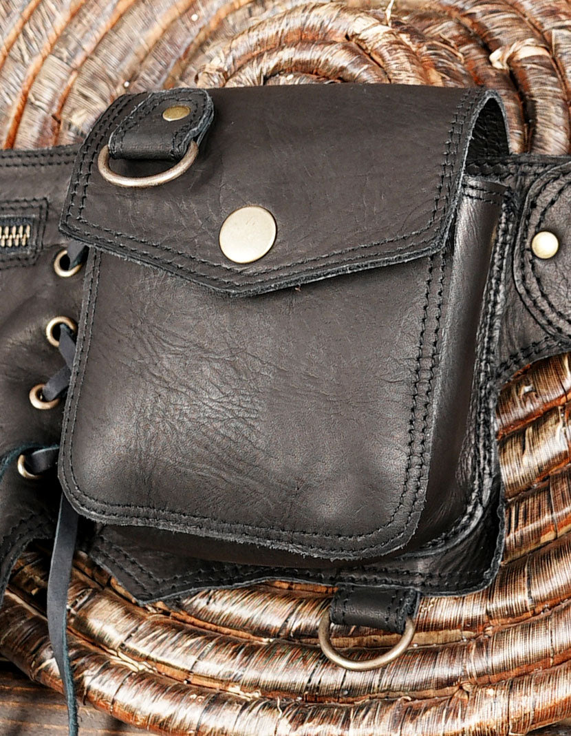 Handcrafted Black Leather Belt Bag with Gemstone Accents – Festival & Travel Ready with metal steel